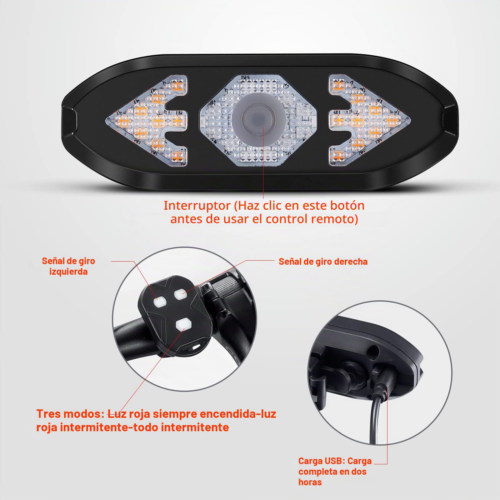Luz trasera inalámbrica para bicicleta con intermitentes, mando USB, impermeable, ultrabrillante