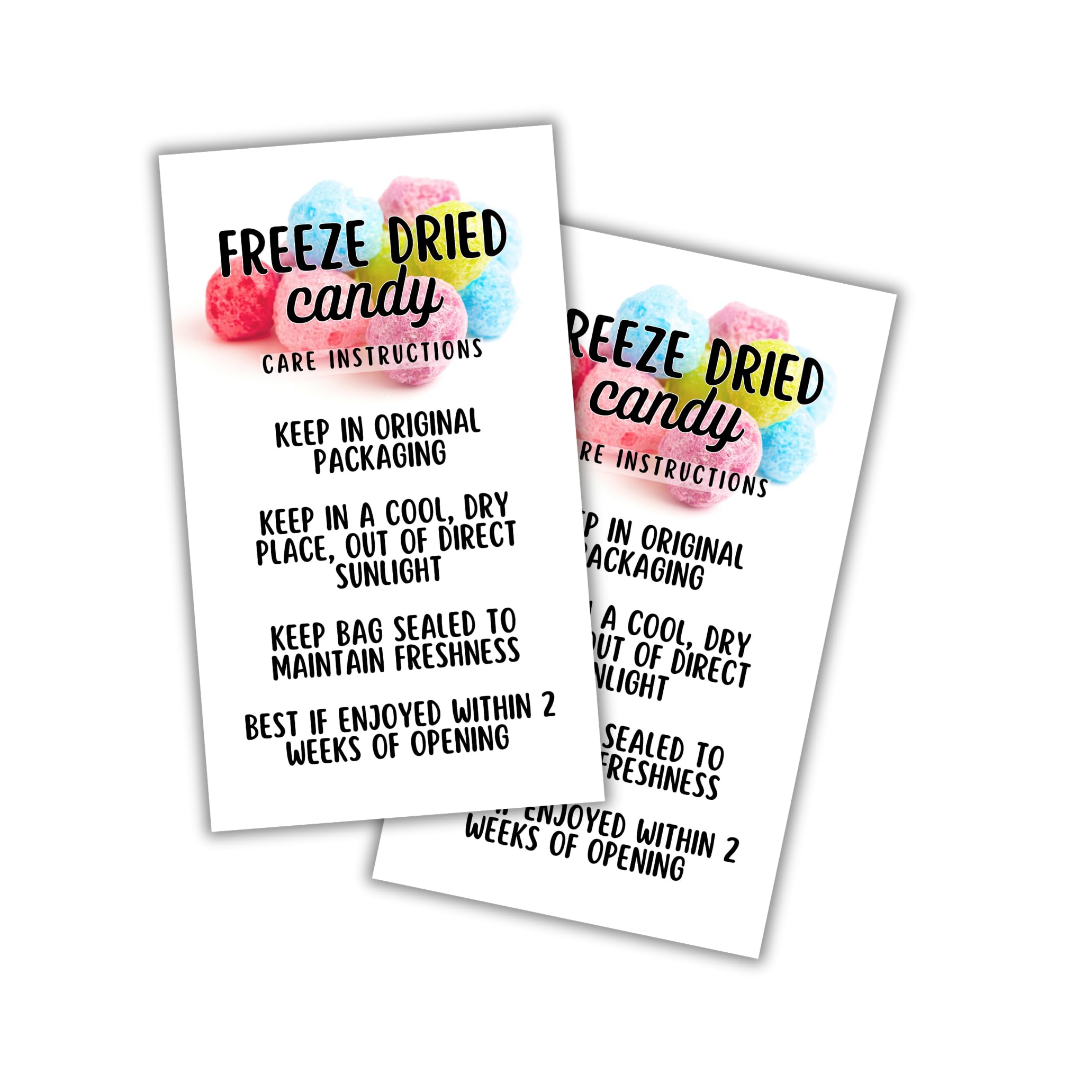 Freeze Dried Candy Care Instruction Cards | 50pk 2x3.5” Allergy Warning Labels Stickers Holographic Bags Clear Window Freezy DIY