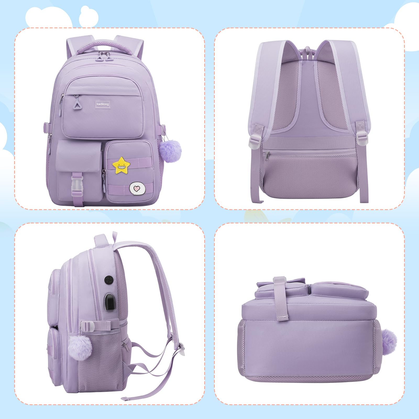 kadilong 17.3 Pouces Sac à Dos Ordinateur Portable 15.6 Pouces Femme,Cartable Scolaire École Collège Lycée Université Fille avec Port de Chargement USB,Sac à Dos Voyage Affaires