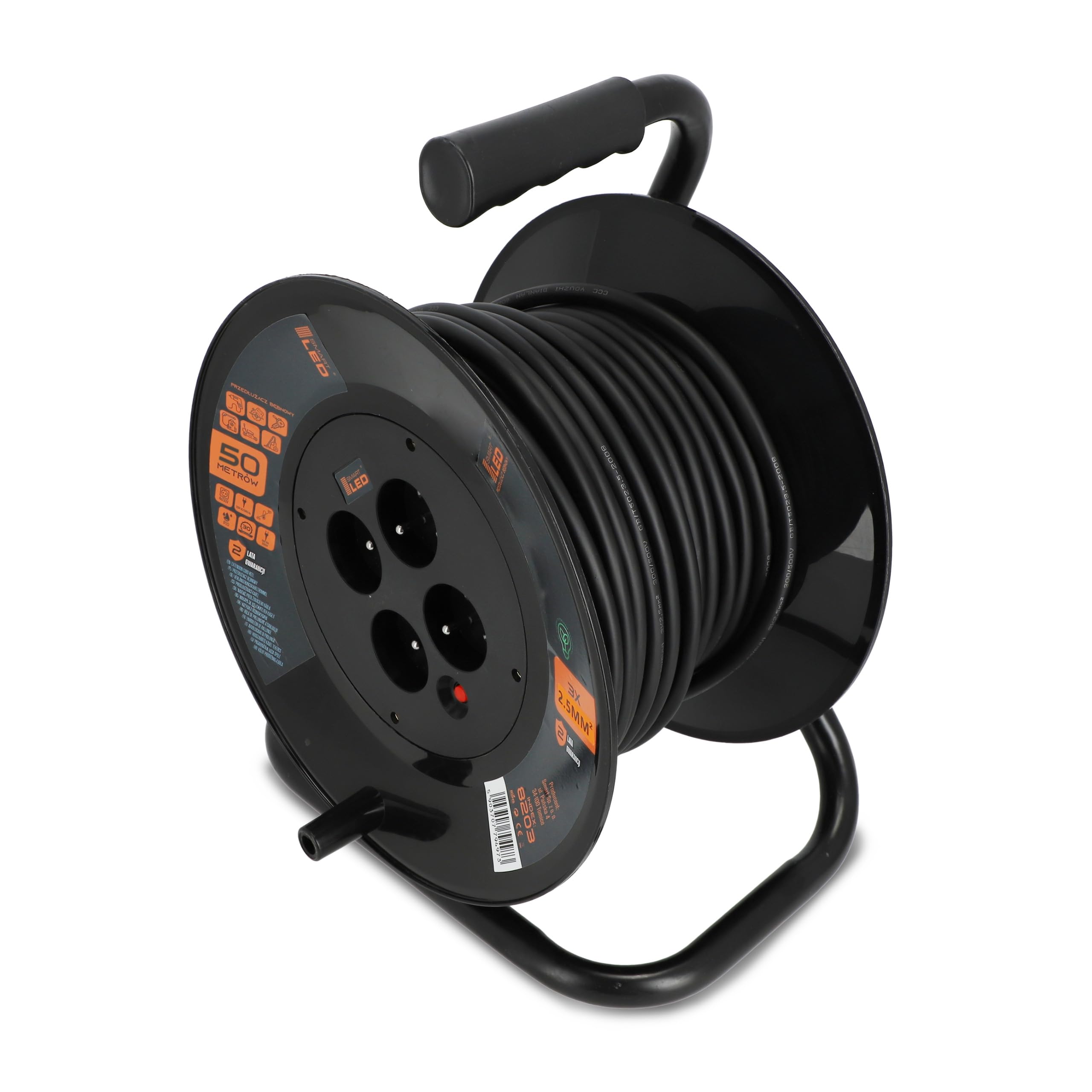 SmartLED-Kabeltrommel, für den Außen- und Innenbereich, 4 Steckdosen mit Erdung, 50 m, schwarz, für den Baubereich, 3x2,5 mm, Garten, Kindersicherung, 2500 W (50 Laufmeter)