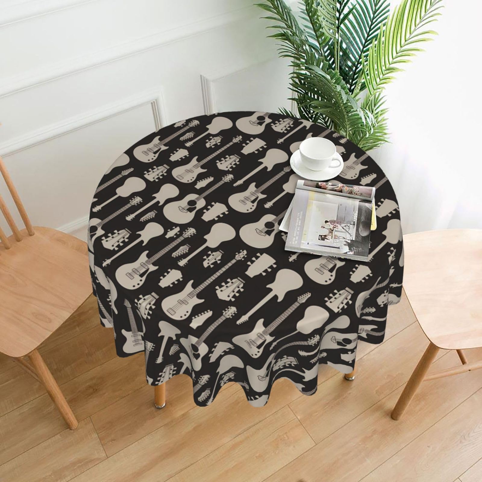 Hjfczh Black Guitar Pattern Prints Round Table Throw 60 Inch - Waterproof Table Cover - Soft & Wrinkle Resistant Decor Layer For Dinners, Parties & Everyday Use