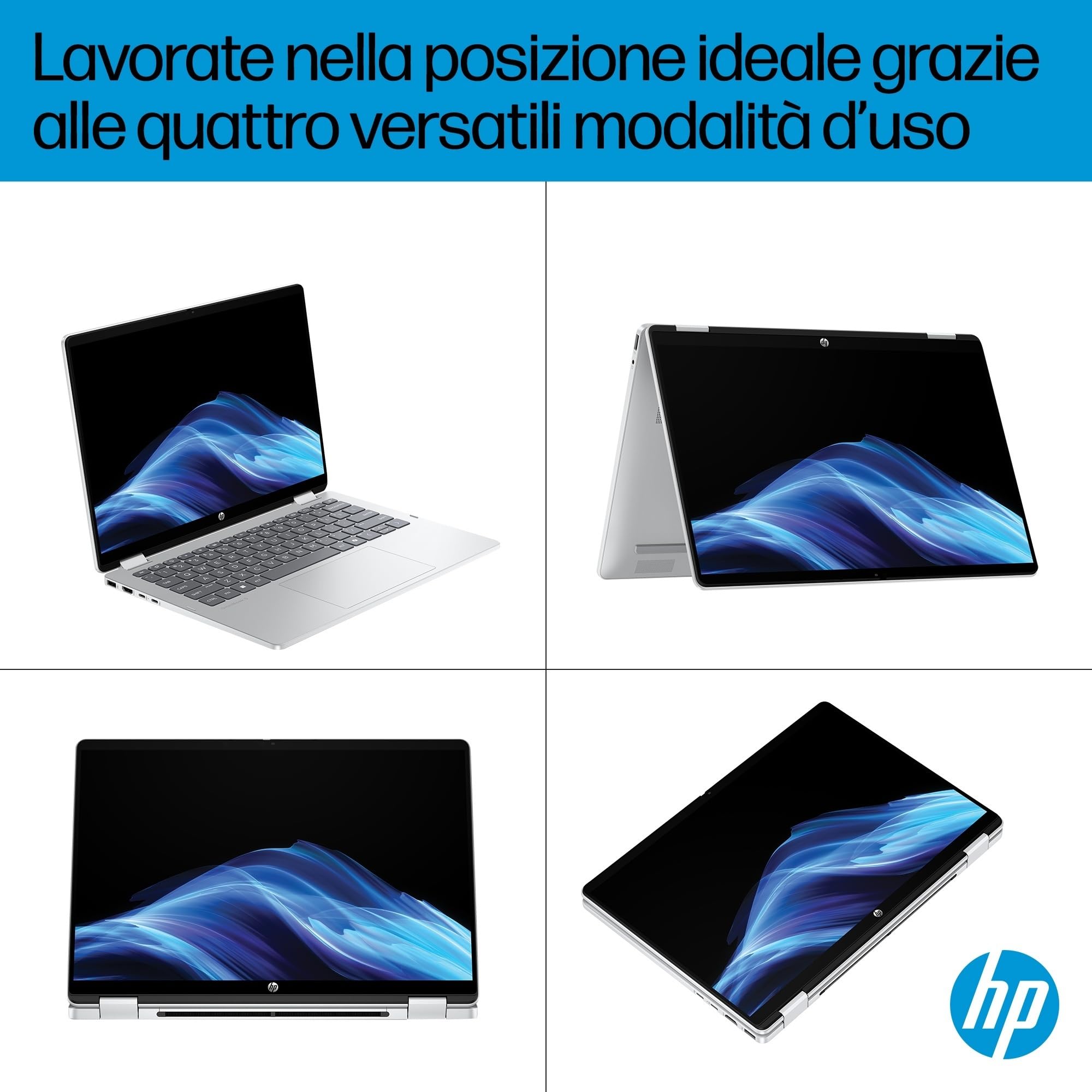 HP OmniBook 5 Flip x360 14-fp0001sl Convertibile, Intel Core i3 1315U, 8GB RAM, 512GB SSD, Display 14" 2K Touch IPS, Intel UHD Graphics, PrivacyCam TNR 1080p, Windows 11, Argento