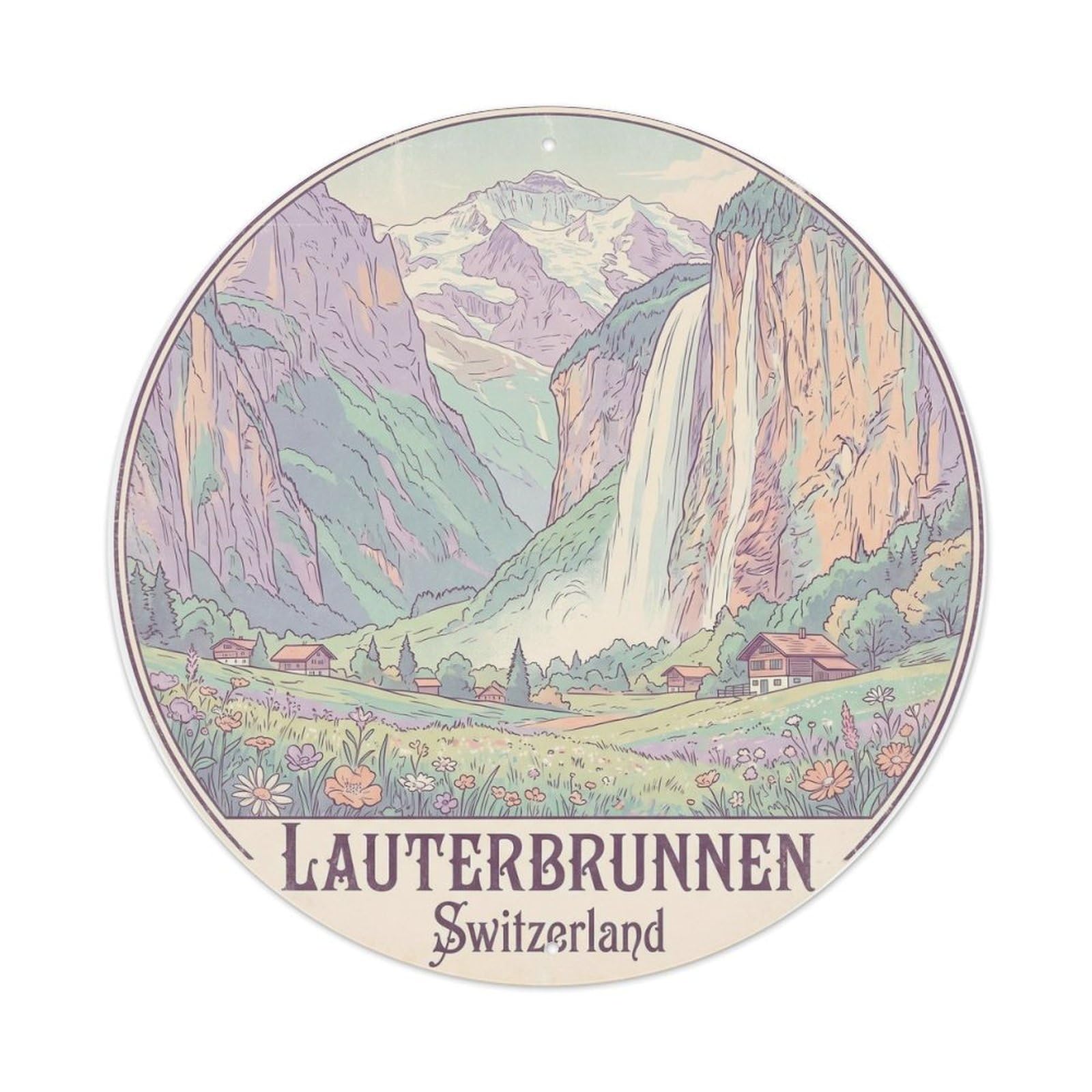 Lauterbrunnen Switzerland Waterfall Vintage Alpine Resort Metal Tin Sign Plaque Wall Decor for Cafe, Man Cave, Club Bar, Office, Home Garden Round Metal Poster 8x8Inch