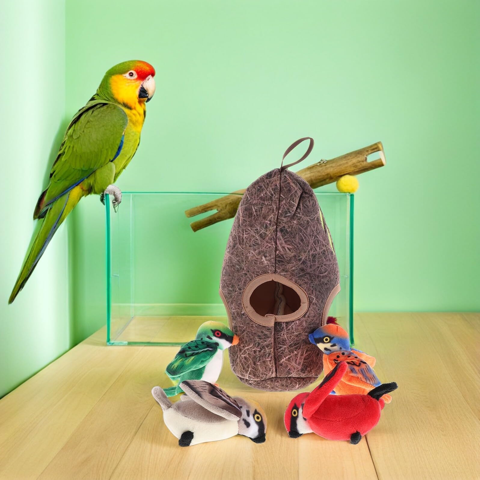 Sosoport Interaktives Katzenspielzeug Vogelkäfig Satz mit Plüschvogel Quietschfunktion Kauspielzeug für Wohnungskatzen und Kätzchen