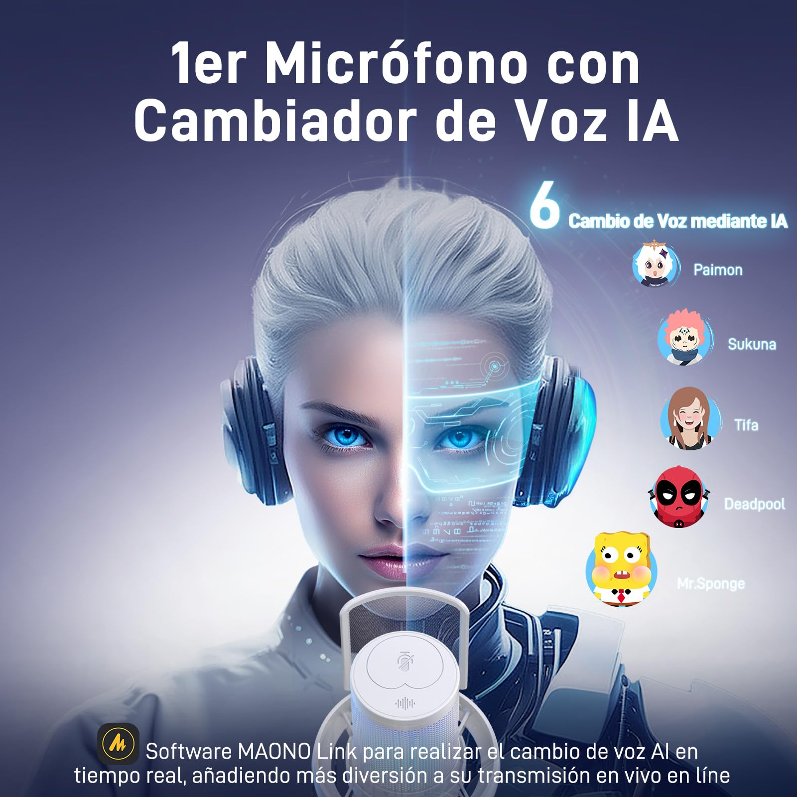 MAONO Microfono Inalambrico para PC, Microfono PC con Software de Cambiador de Voz con IA, Cancelación de Ruido, EQ Personalizado, Luces RGB Ajustables para Juegos, Podcasting, Streaming, DM40 Blanco