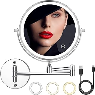 Miroir de maquillage mural rechargeable 2000 mAh avec lumière 20,3 cm grossissant 1X/10X 3 modes de couleur, lumière réglable, écran tactile, charge par USB, extensible pour salle de bain et hôtels