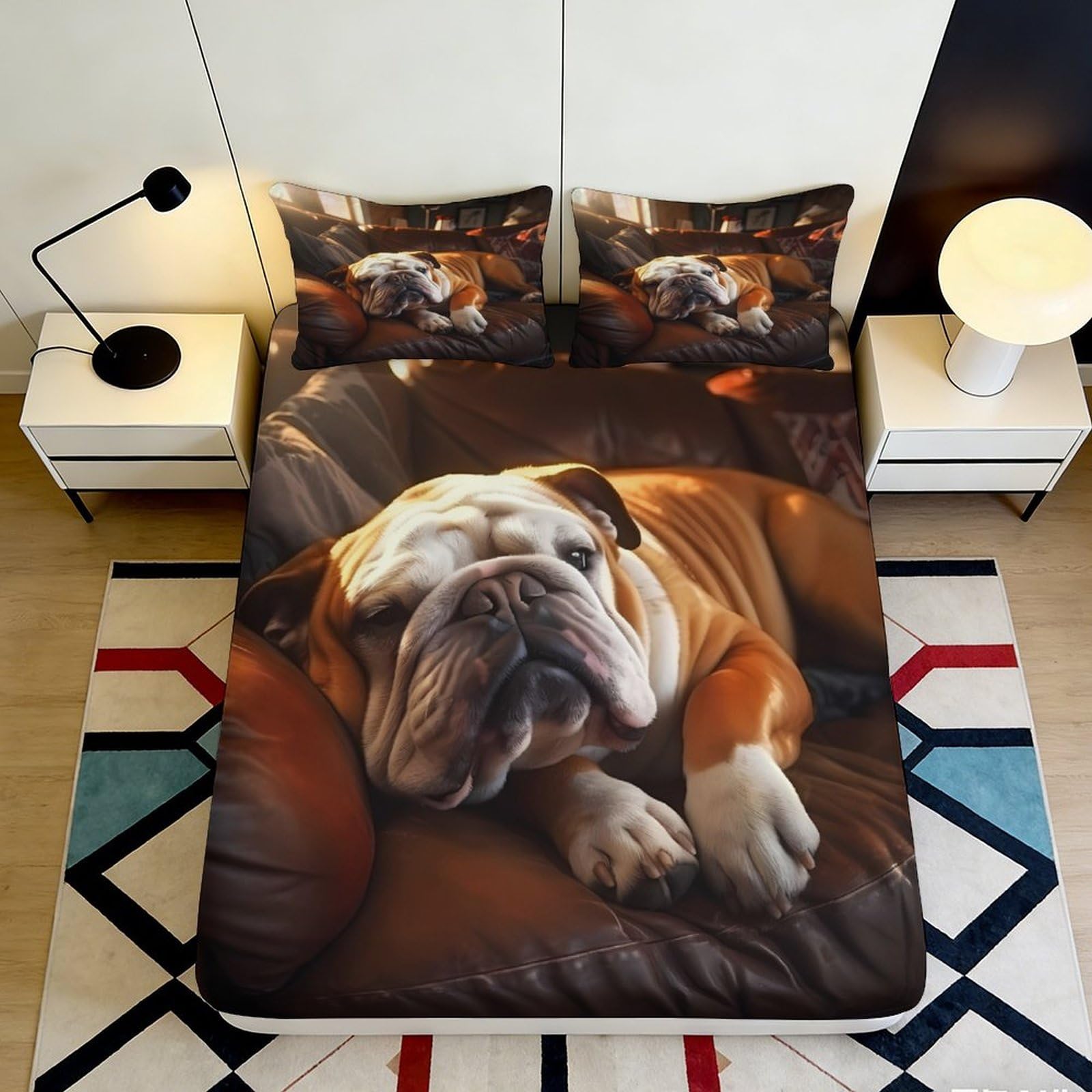 3D Printed Bulldog Fitted Sheet Microfiber Soft Breathable Dog Pattern Bed Cover for Bedroom Dormitory Guest Room Mattress Protection Decor 120x200x25cm