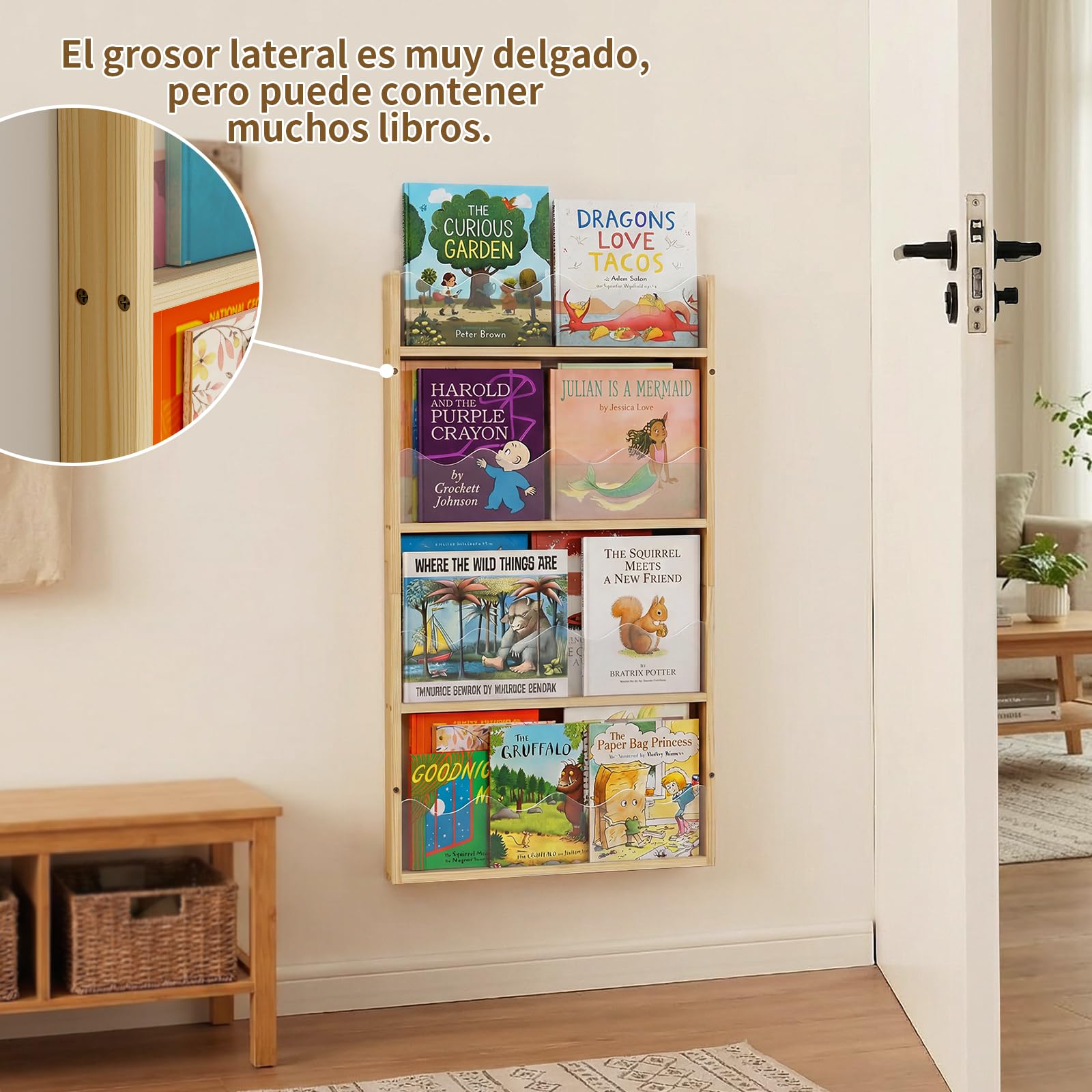 Librería Infantil de Pared 4 Niveles Madera y Acrílico, Estantería para Libros Flotante Habitación Bebé, librería Montessori para bambinis, contenidos per libri per Bambini per angolo lettura