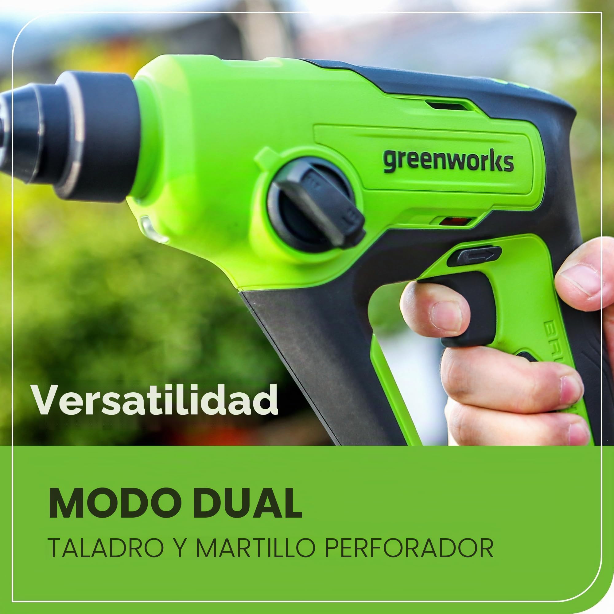 Greenworks taladro percutor a batería 1.2J, martillo perforador SDS plus por tabiques y hormigón, 24V brushless, taladro y percutor dos modos, velocidad ajustable, con batería de 2Ah y cargador