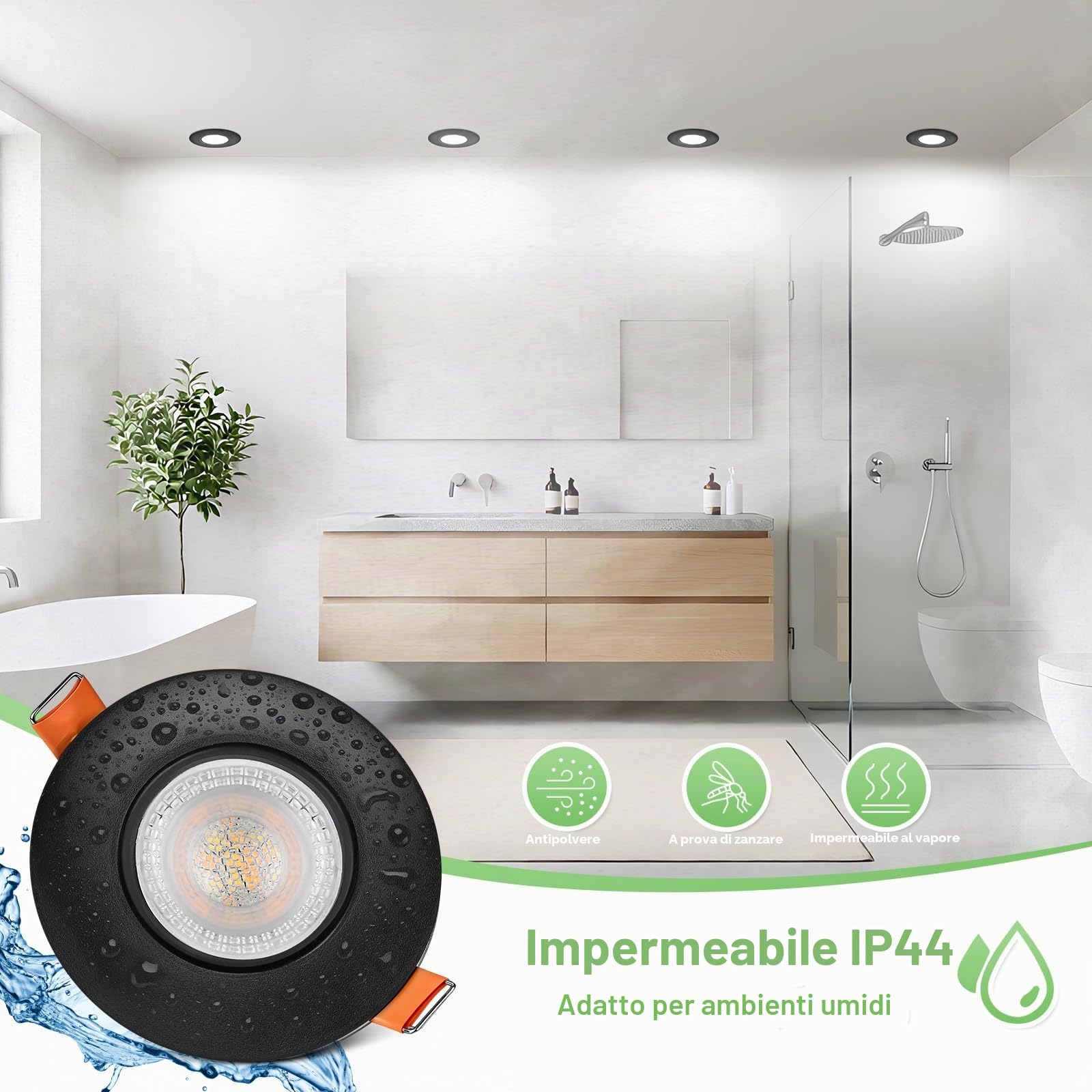 YindaLux Faretto LED da incasso 230V Dimmerabile 5W IP44 Ultrasottile, Foro incasso 68-80 mm, 3000K/4000K/6000K, Orientabile 45°, Faretti da soffitto per Bagno Cucina Nero, Set da 6