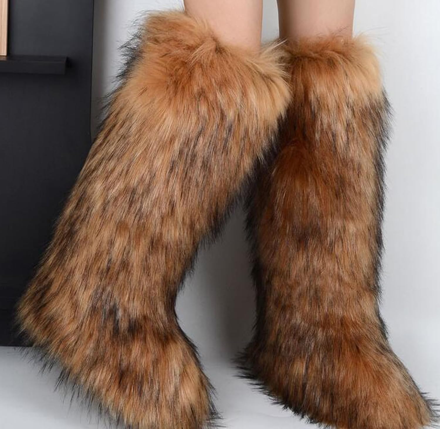 Tall Furry Faux Fur Boots for Women,Winter Snow Fluffy Long Boots for Girls,Knee-High Flat - Image 6