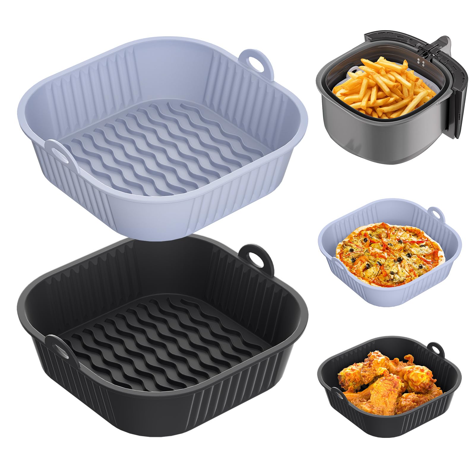 Diboniur Molde Silicona Freidora de Aire 5-8L, 2 Piezas 21cm Bandeja Recipiente Air Fryer, Cesta Silicona Cuadrado, Reutilizable, Accesorios Freidora de Aire (Negro y Gris)