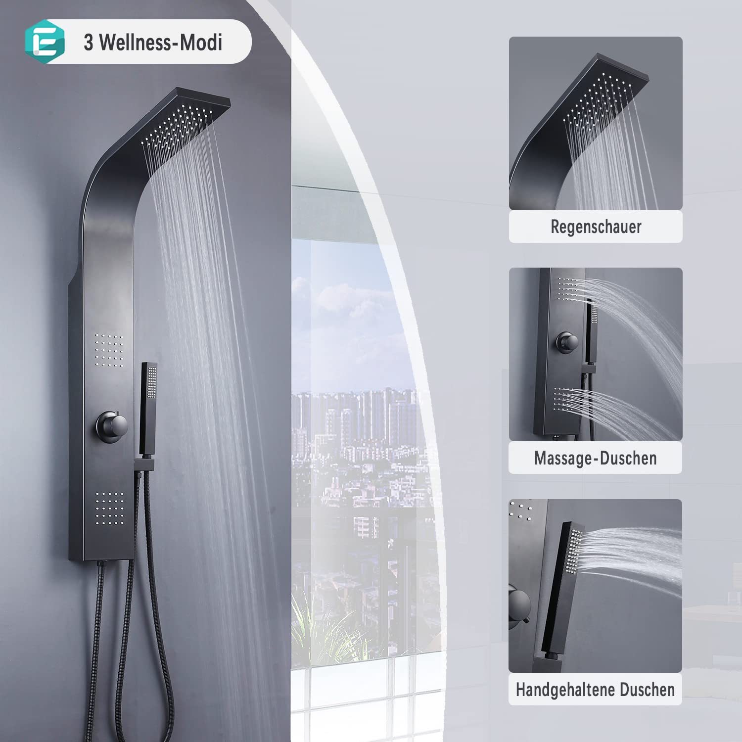 Elbe Panel de ducha sin grifo con 3 funciones, sistema de ducha de acero inoxidable cepillado 304 con 2 chorros de masaje, ducha de lluvia y ducha de mano, acabado negro mate, RNP-W04S