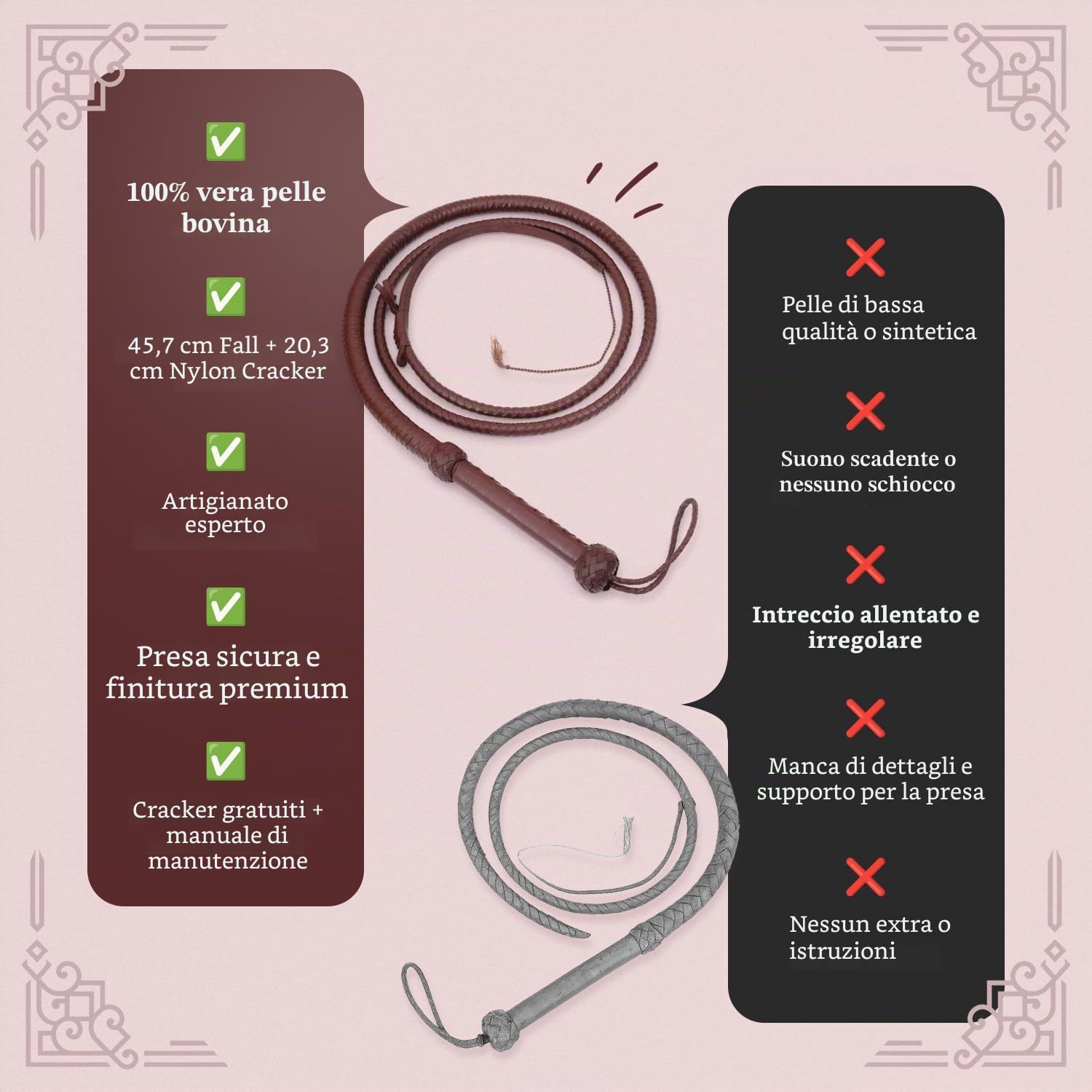 Indiana Jones Style - Frustino in Vera Pelle Bovina, 1,8 m, 8 trecce Marrone Scuro