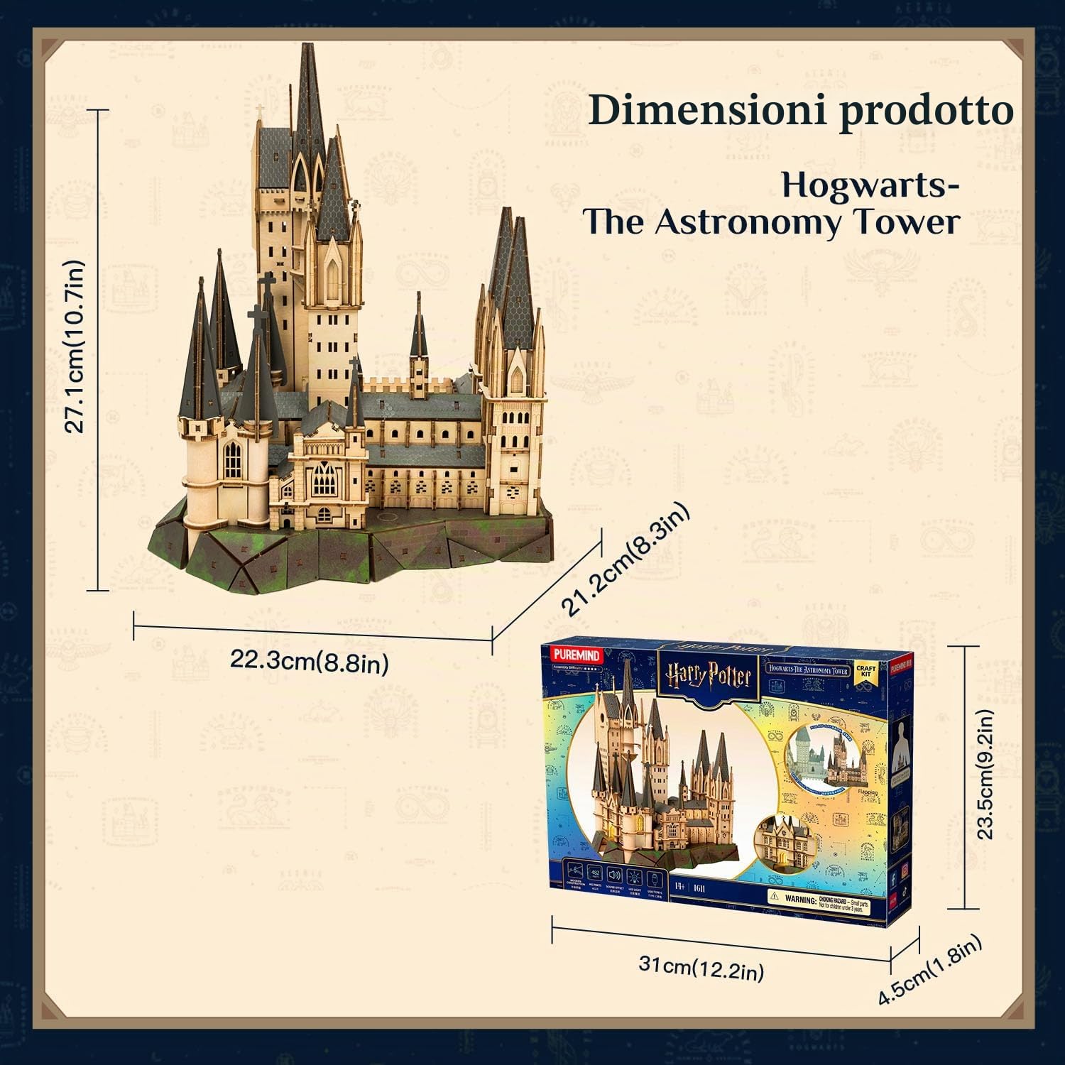 PUREMIND Harry Potter Torre di Astronomia, Puzzle 3D legno, castello magico | Licenza ufficiale, regalo Harry Potter, Torre di Astronomia, kit da montare, modellino da collezione, decorazione per mensola