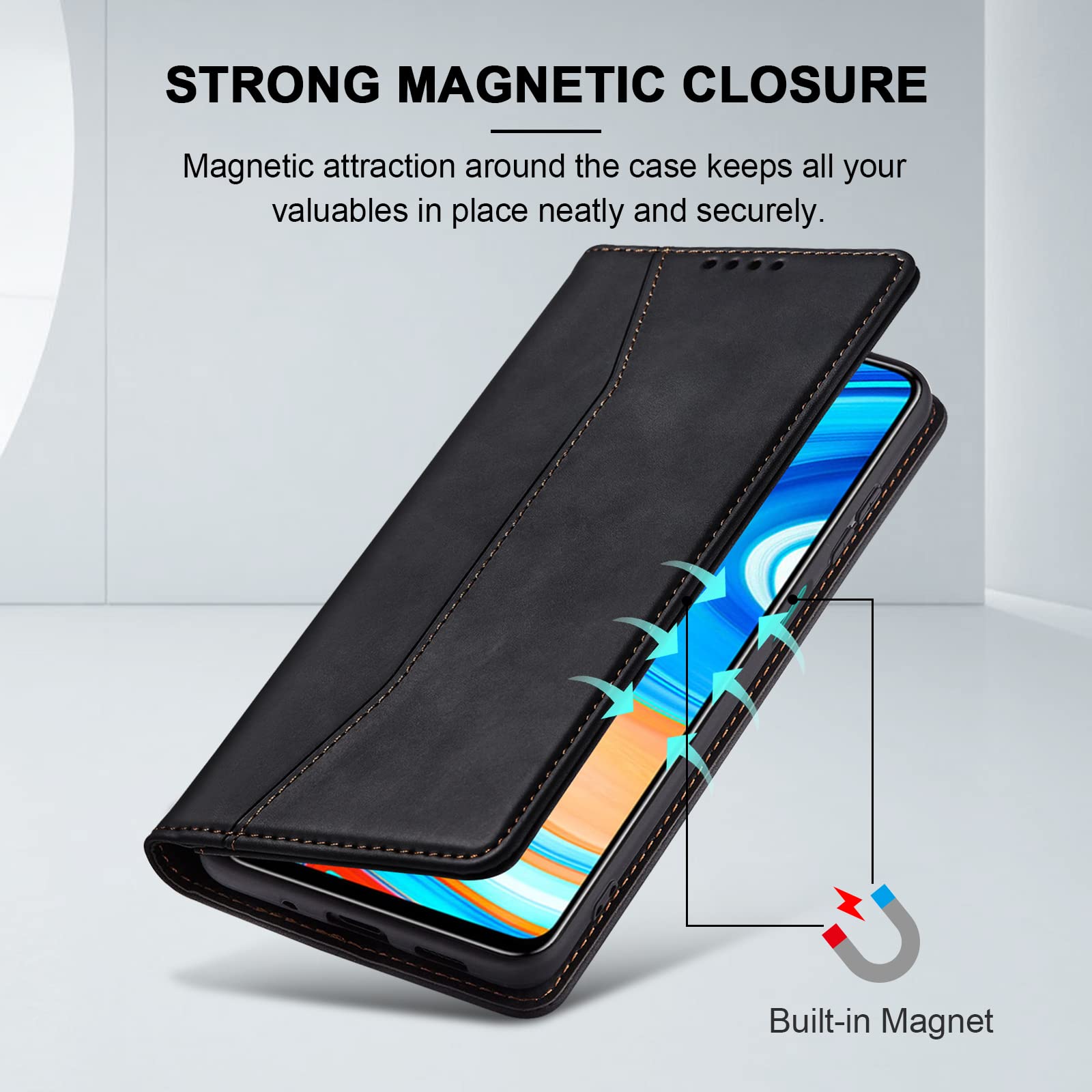 Handyhülle Für Xiaomi Redmi Note 9 Pro/9S – PU Leder Flip Case Mit Kartenfächern & Standfunktion, Schwarz