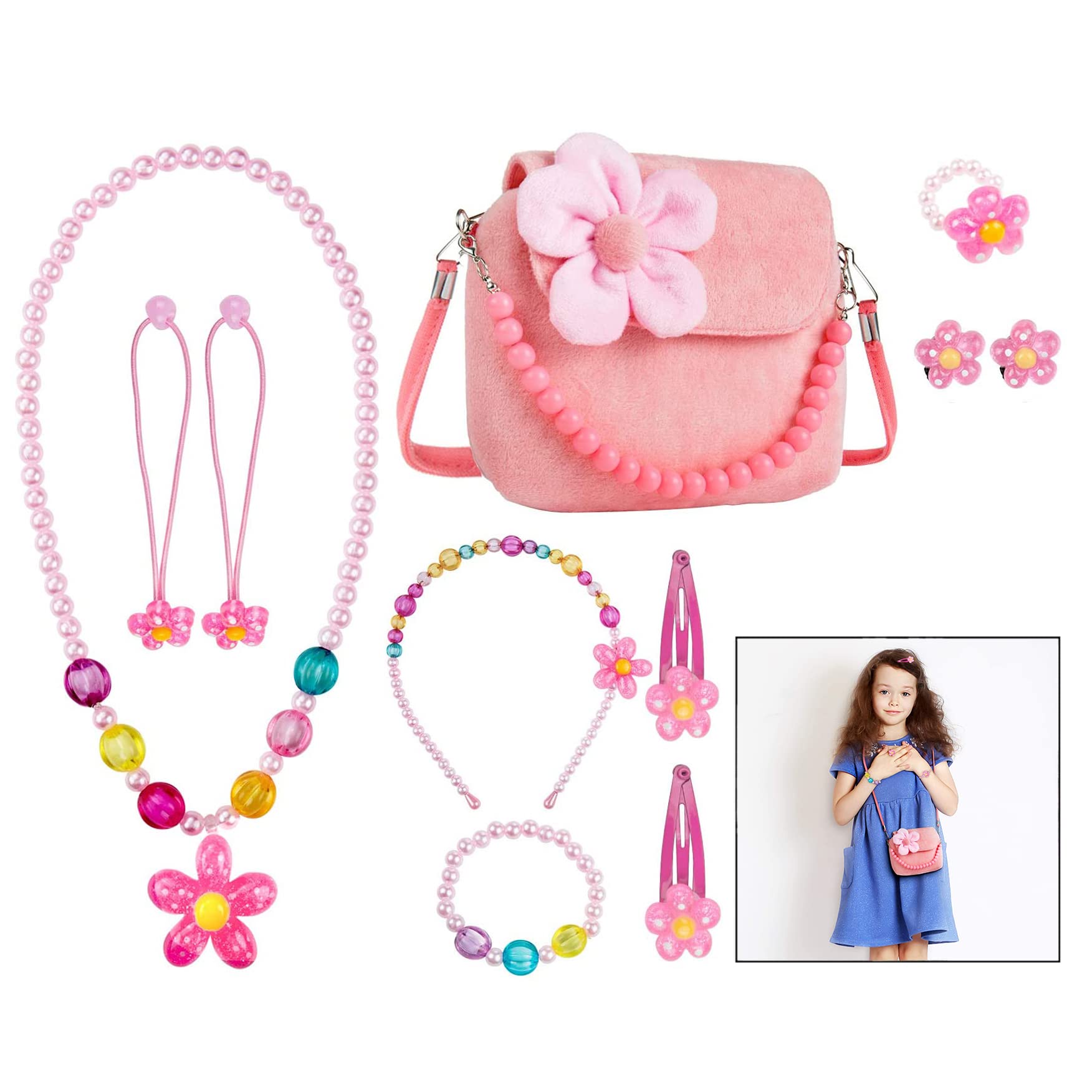 Borsa Da Principessa Per Bambine Con Set Gioielli - Peluche, Collana, Bracciale, Anello E Orecchini (ROSA) - Foto 9
