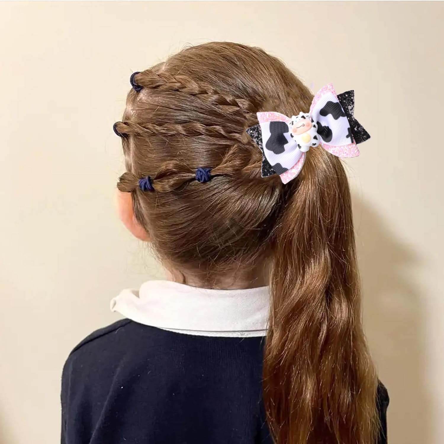 2Pcs Cow Print Hair Bow Clips - Black Glitter Handmade Satin Bowknot Cute Alligator Hair Barrettes New Year Party Hair Accessories for Toddler Teen Girls Kids (Black-Cow) - Image 6