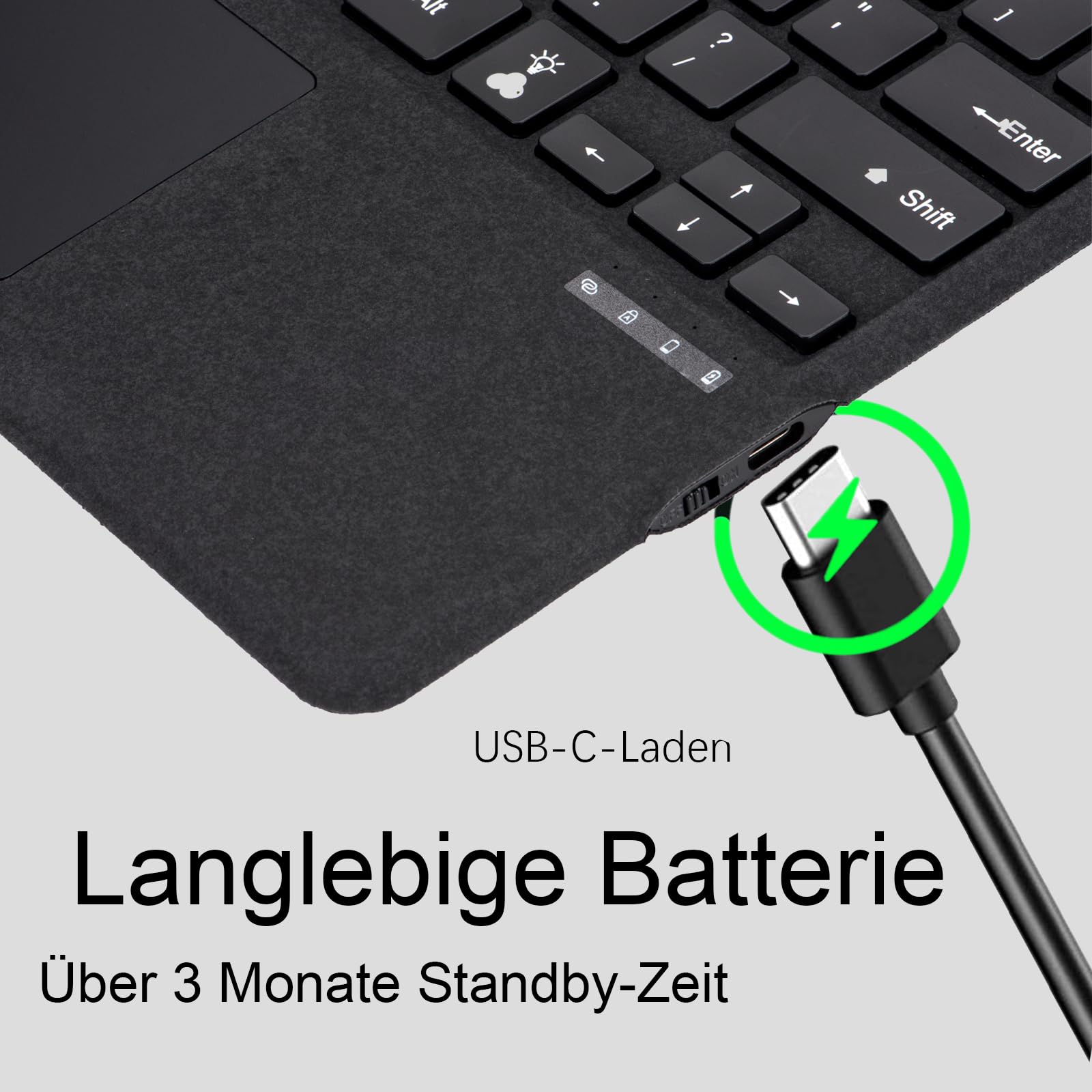 Typ obudowy do Microsoft Surface Pro 7+, klawiatura Bluetooth z gładzikiem, ładowanie USB, niemiecki układ QWERTZ (czarny, podświetlany)