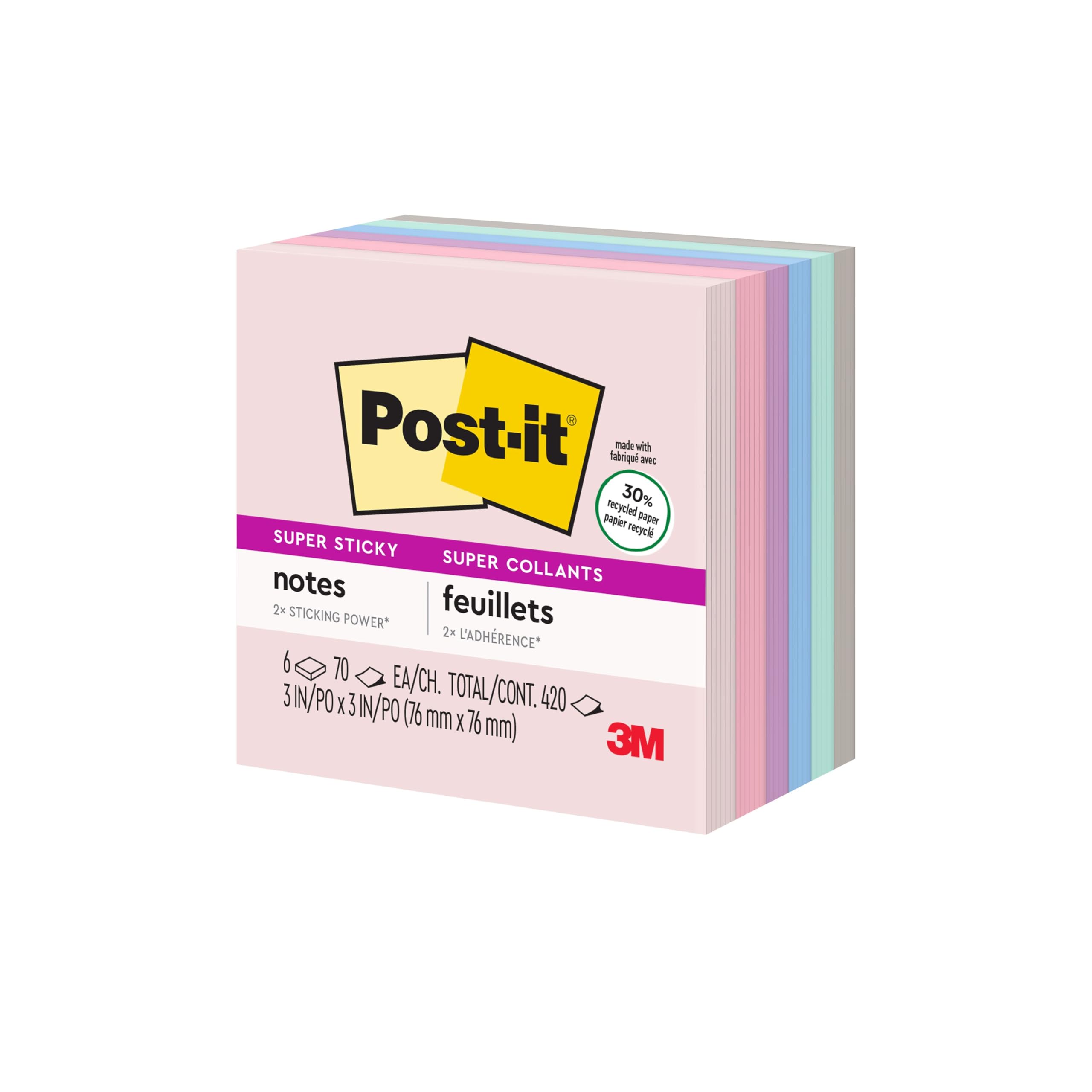 Post-it Super Sticky Riciclato Notes, 5 Colori Pastello, Bastoncini e Resticks, 7,6 x 7,6 cm