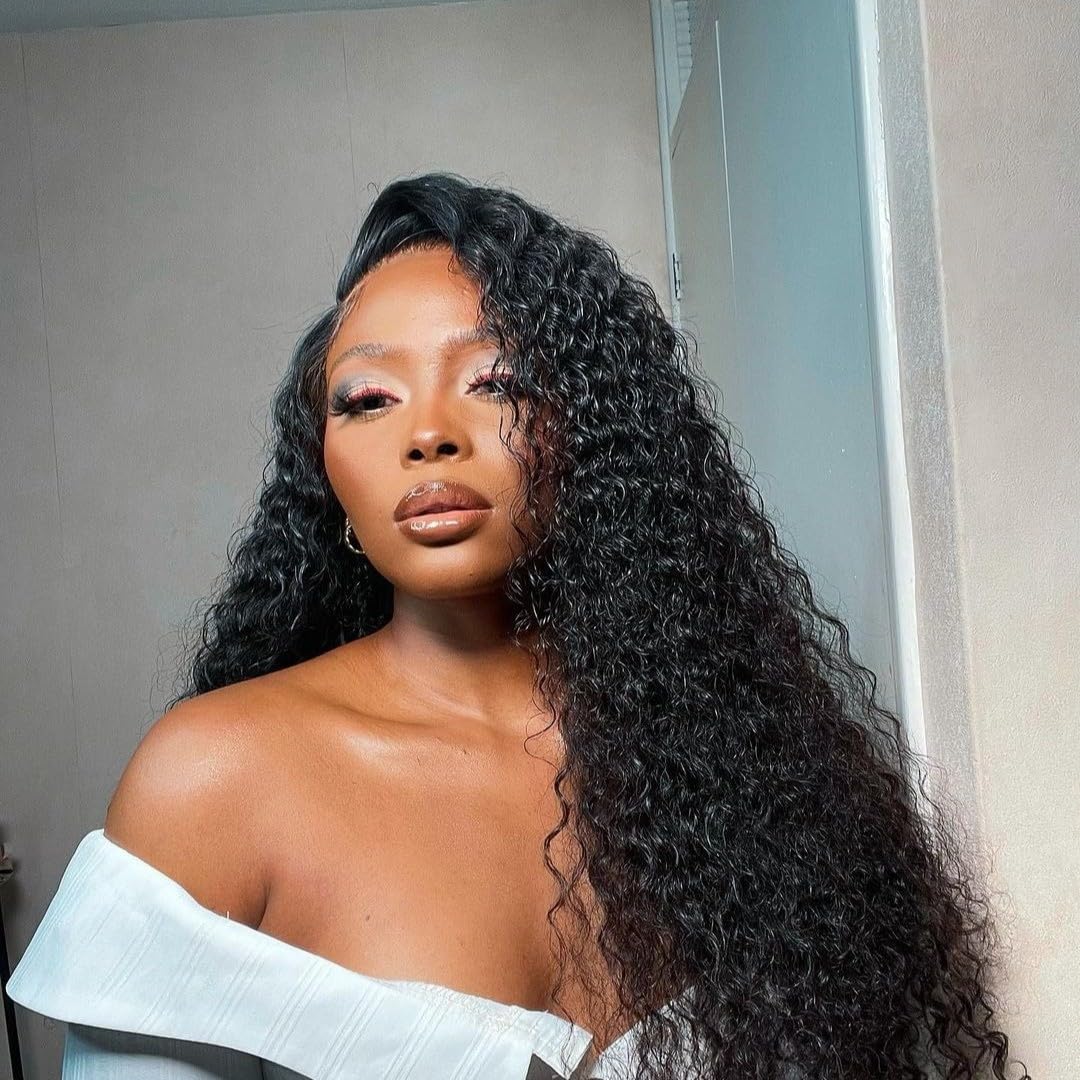 Eooma Glueless HD Transparent Lace Wigs Human Hair Pre Plucked with Baby Hair 150% Density Brazilian Curly 4x4 Lace Closure Wigs Human Hair for Black Women Natural Black Color