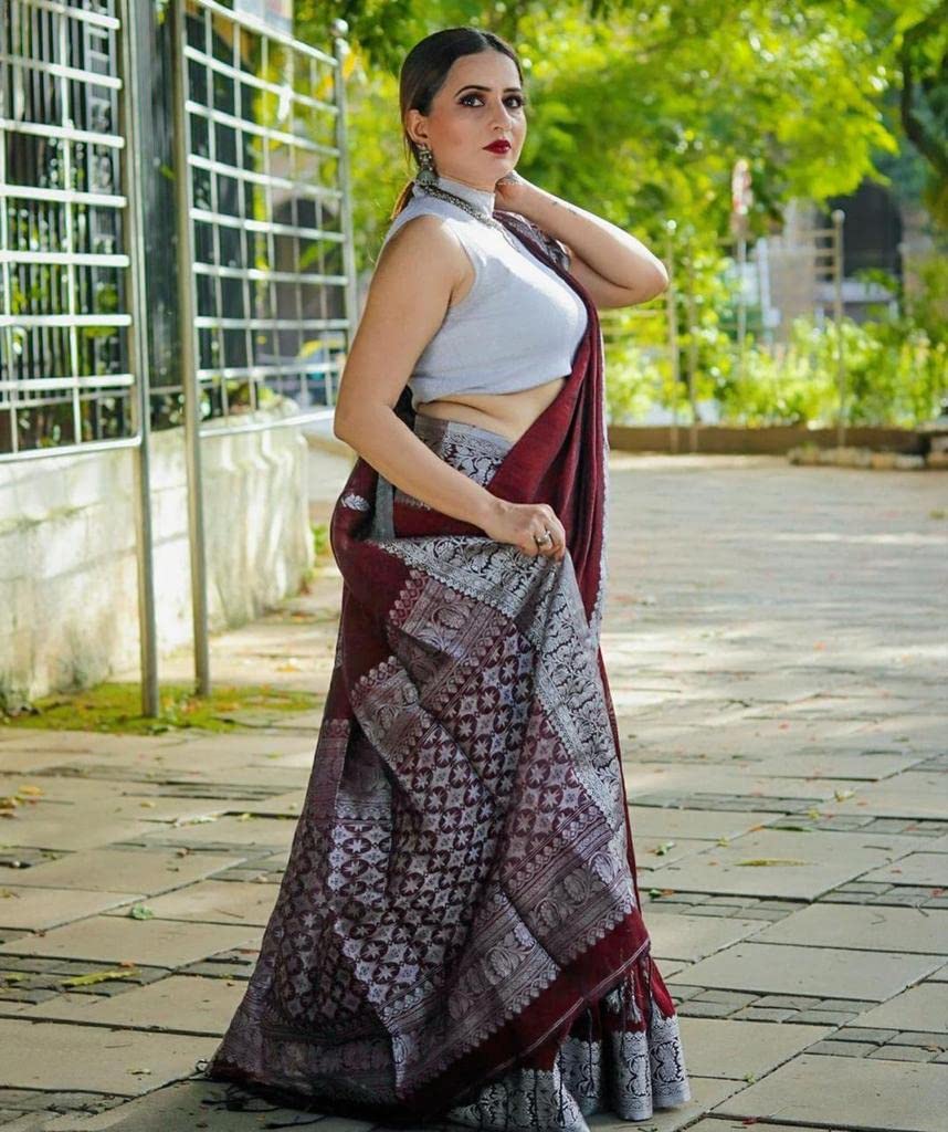 Flosive Women's Banarsi Pure Silk Kanjiwaram Jacquard Saree With Blouse Piece (Dark Maroon)