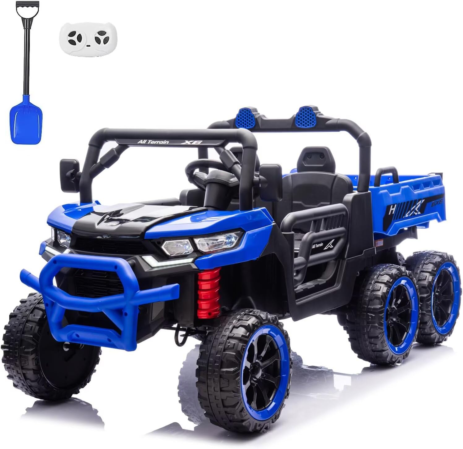 24V 2 Seater Kids Ride on Car Toys 4x100W Motor Ride On Dump Truck w/Remote Control 4WD 6 Wheeler Ride On UTV with Dump Bed/Shovel Kids Electric Vehicle with Bluetooth, LED Light, Music