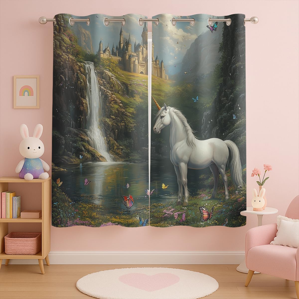 Magic Castle Blackout Curtains for Girls Kids Home Decor, Fairy Tale Unicorn Butterfly Wonderland Grommet Thermal Insulated Drapes Darkening Window Curtain for Bedroom Living Room, 55 x 63 Inch