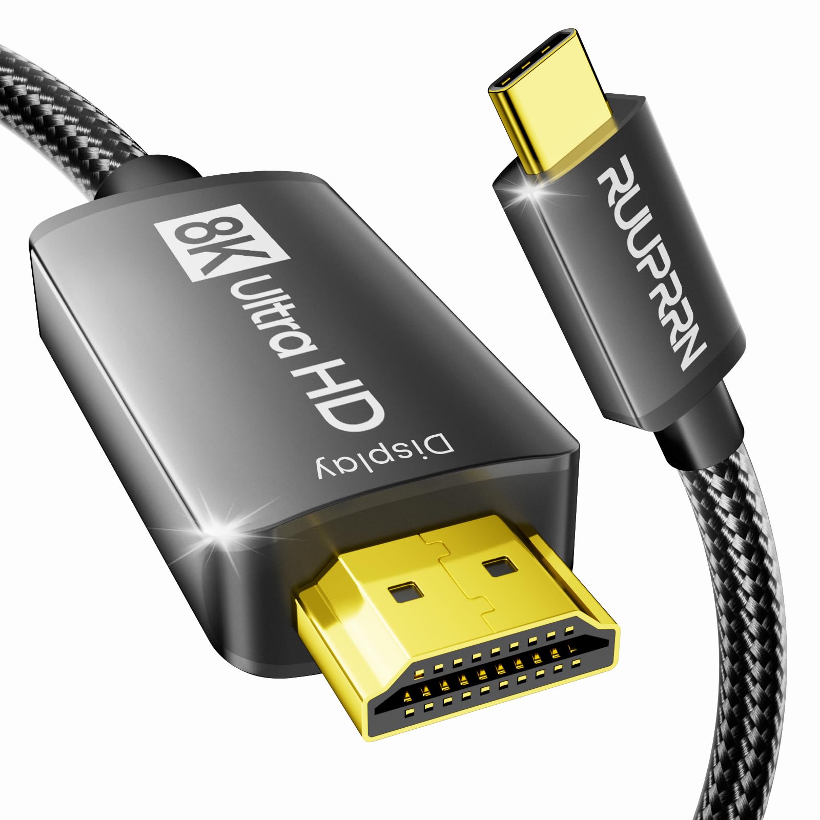 Câble USB-C vers HDMI 2.1 8K @ 60 Hz, 4K @ 240 Hz/144 Hz/120 Hz, HDCP2.3, câble tressé de type C 3.1 vers HDMI 2.1, Thunderbolt 3/4/5, compatible avec iPhone 16/15, MacBook Pro/Air, Galaxy S24, Dell