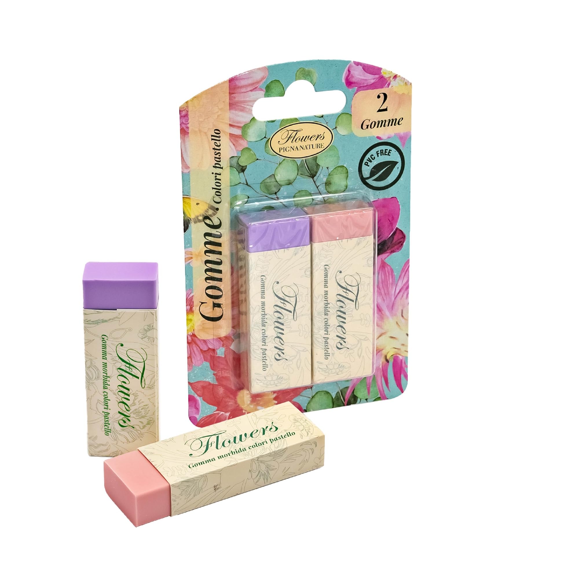 Pigna Blister 2 gomme NATURE FLOWERS PVC free rosa e viola