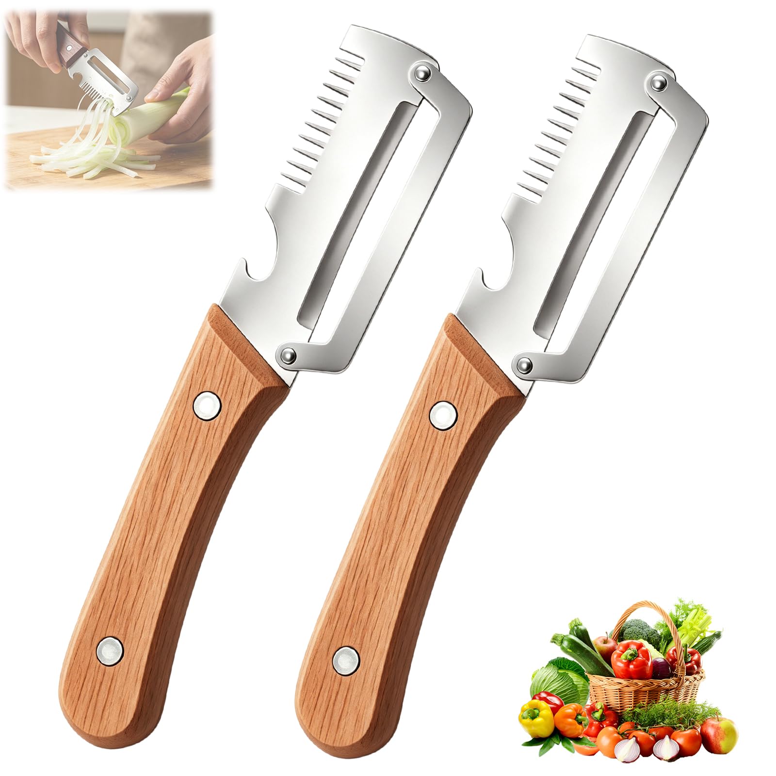Photo 1 of 2Pcs Multifunctional Vegetable Peeler,Zero Snag Wooden Peeler,Zero Snag Wooden Kitchen Tool with Bottle Opener,3 in 1 Kitchen Gadgets Stainless Steel Peelers for Fruit Veggie