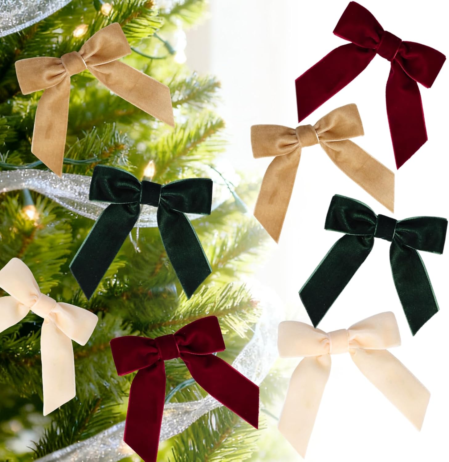 24 Pcs Mixed Colors Velvet Christmas Tree Bows, Vintage Christmas Decor for Livingroom Kitchen, Velvet Ornaments for Christmas Tree Decorations