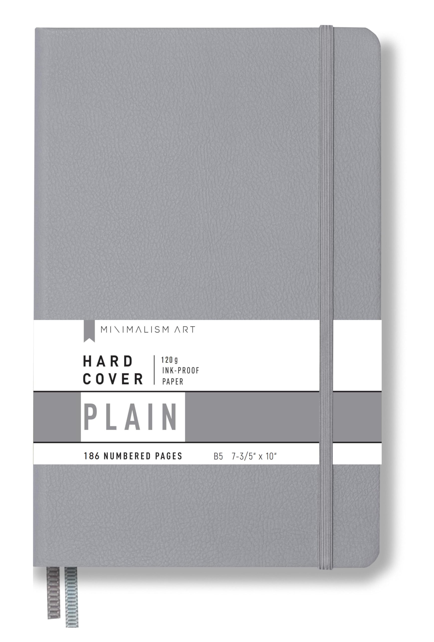 Minimalism Art, Premium Hard Cover Notebook Journal, Large Size, Composition B5 7.6"x10", 186 Numbered Pages, Gusseted Pocket, Ribbon Bookmark, Extra Thick Ink-Proof Paper 120gsm (Plain, Gray)