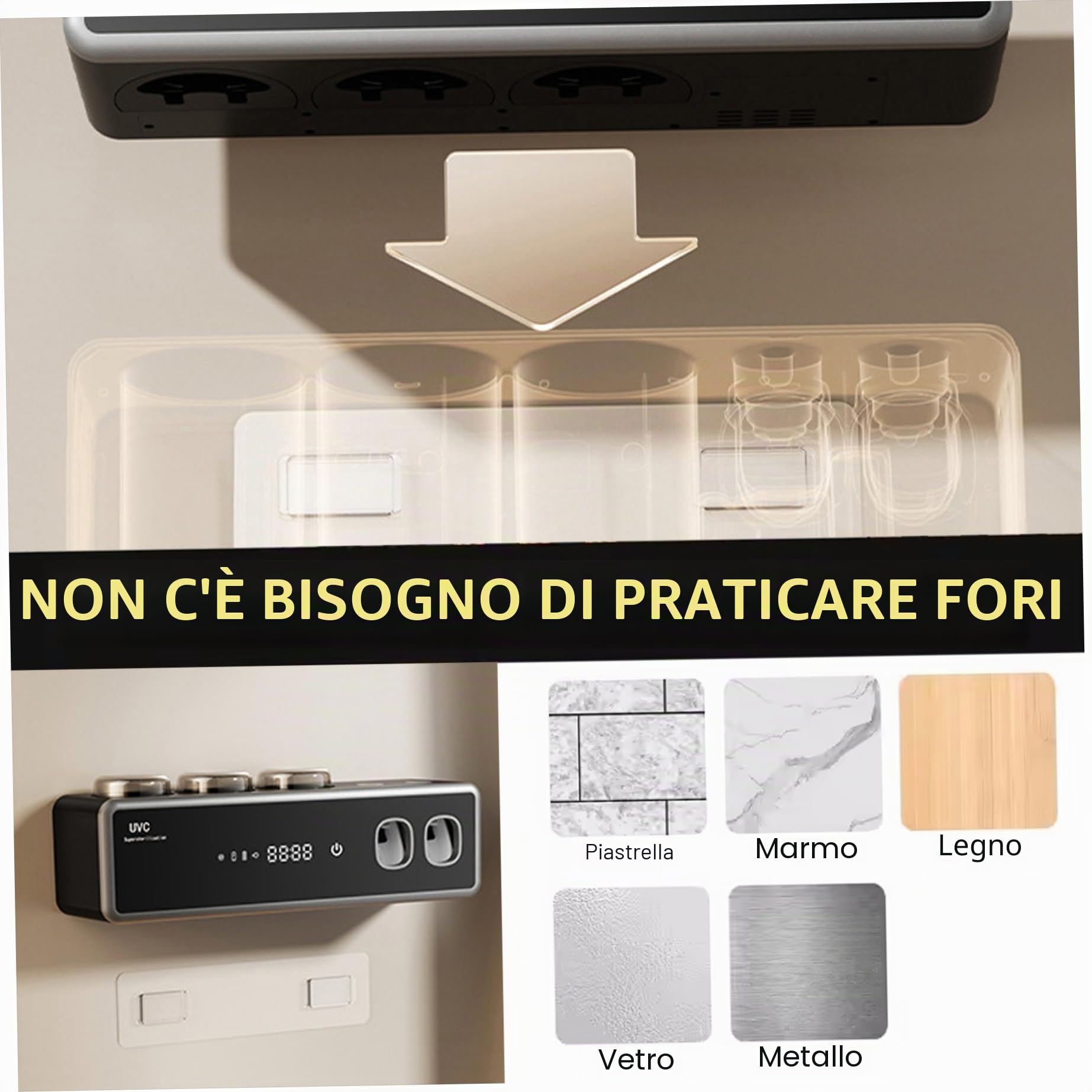 Portaspazzolino intelligente con sterilizzazione UV, dispenser automatico di dentifricio con funzione di asciugatura, nero