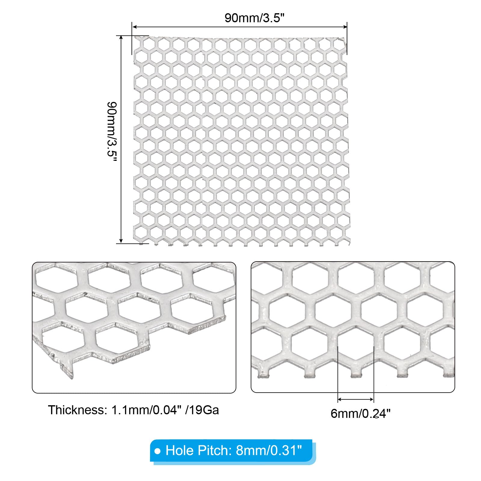 PATIKIL Feuilles métalliques perforées de 8,9 x 8,9 cm, trou hexagonal de 0,6 cm, maille en acier inoxydable 304, plaque métallique perforée étendue pour grille de ventilation et de sécurité