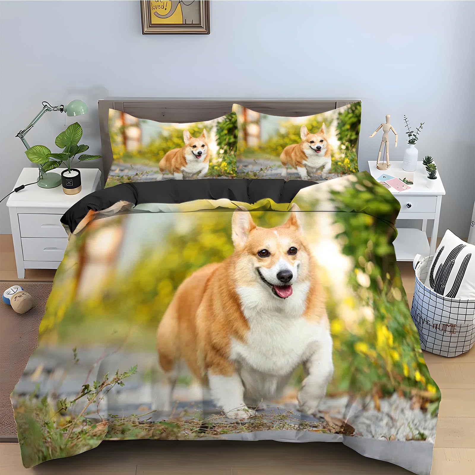 Parure de lit 90x190 corgi avec housse de couette en microfibre douce pour enfant