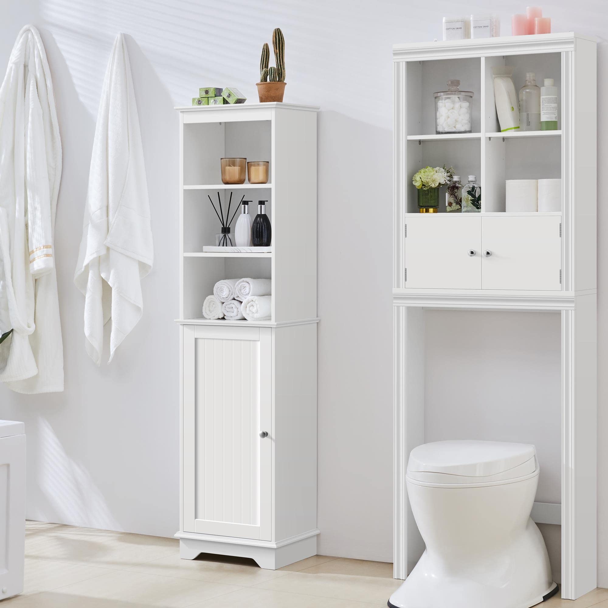 Yaheetech Armario Alto Baño Mueble Auxiliar de Baño 40x30x153 cm Blanco | con Estantes Ajustables Armario de Cocina con Puerta Armario Estrecho