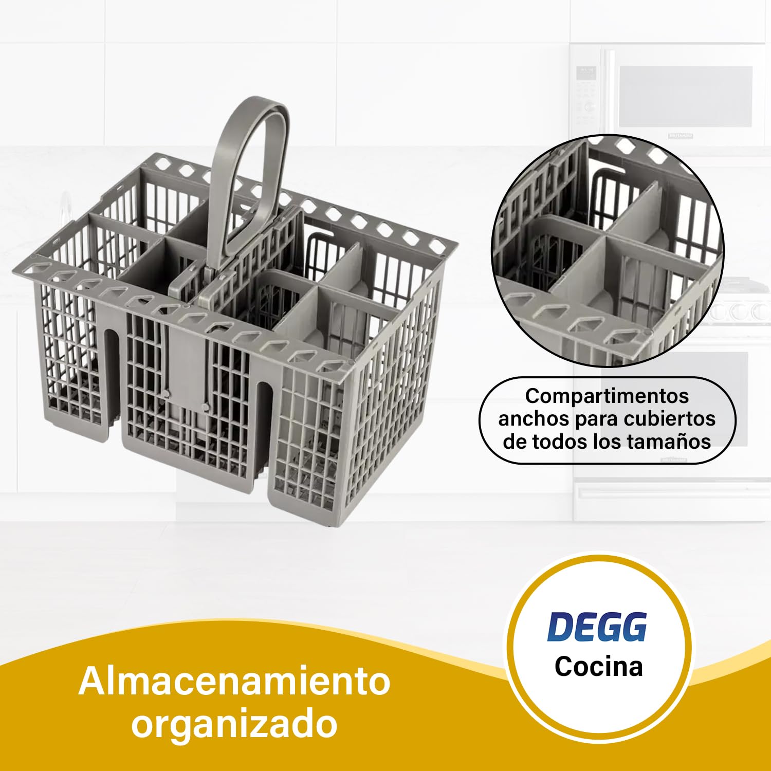 DEGG® Cesta Universal para Cubiertos de Lavavajillas | Cesta para Lavavajillas, Cesta para Cubiertos con Asa y Compartimentos, Resistente al Calor