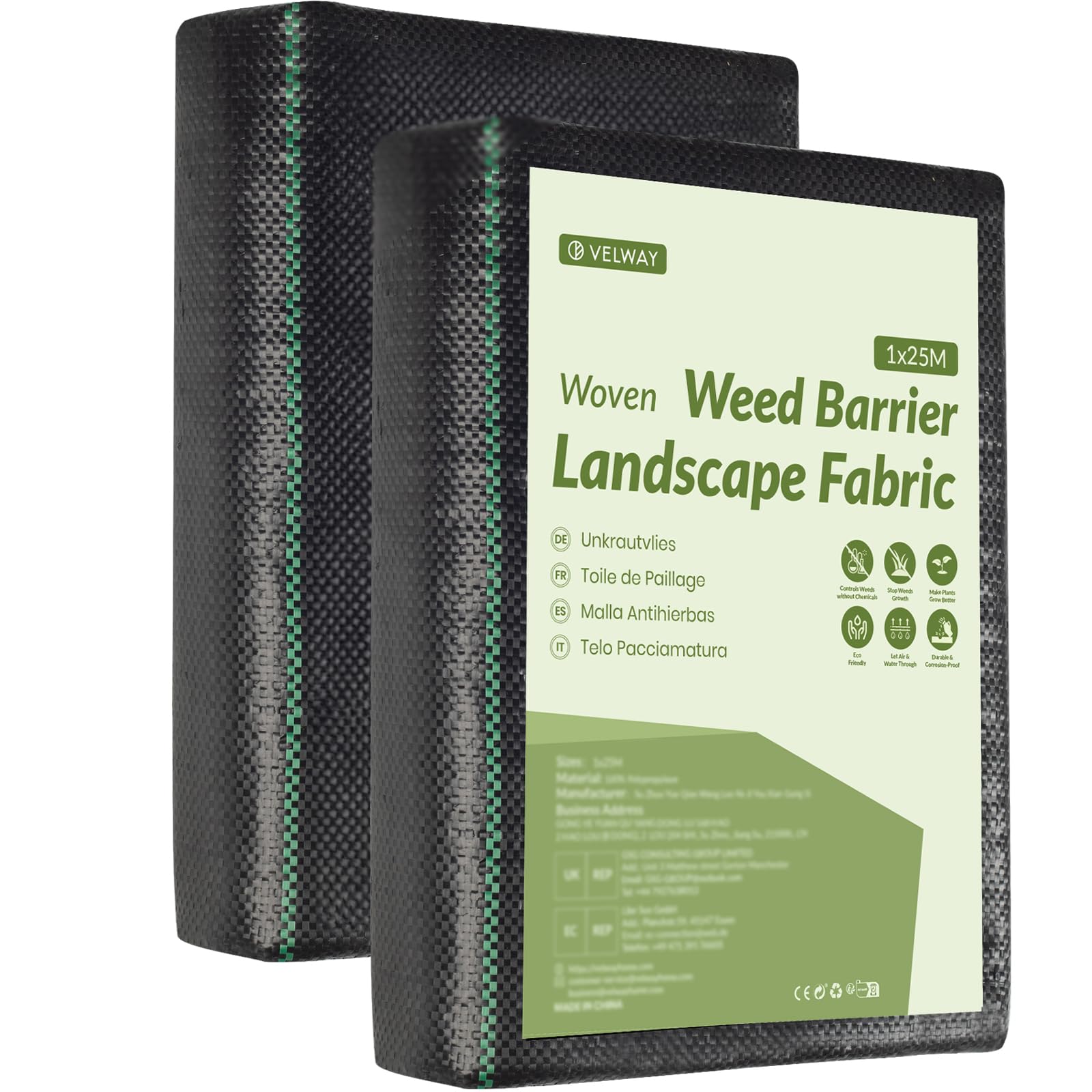 Velway Telo Pacciamatura 1x25M - 100g/m² Telo Anti Erbacce per Orto, Giardino, Tessuto Permeabile all'Acqu, Stabilizzazione ai Raggi UV,Barriere Contro Le Erbe Infestanti - 2 Pezzi 1x12,5M