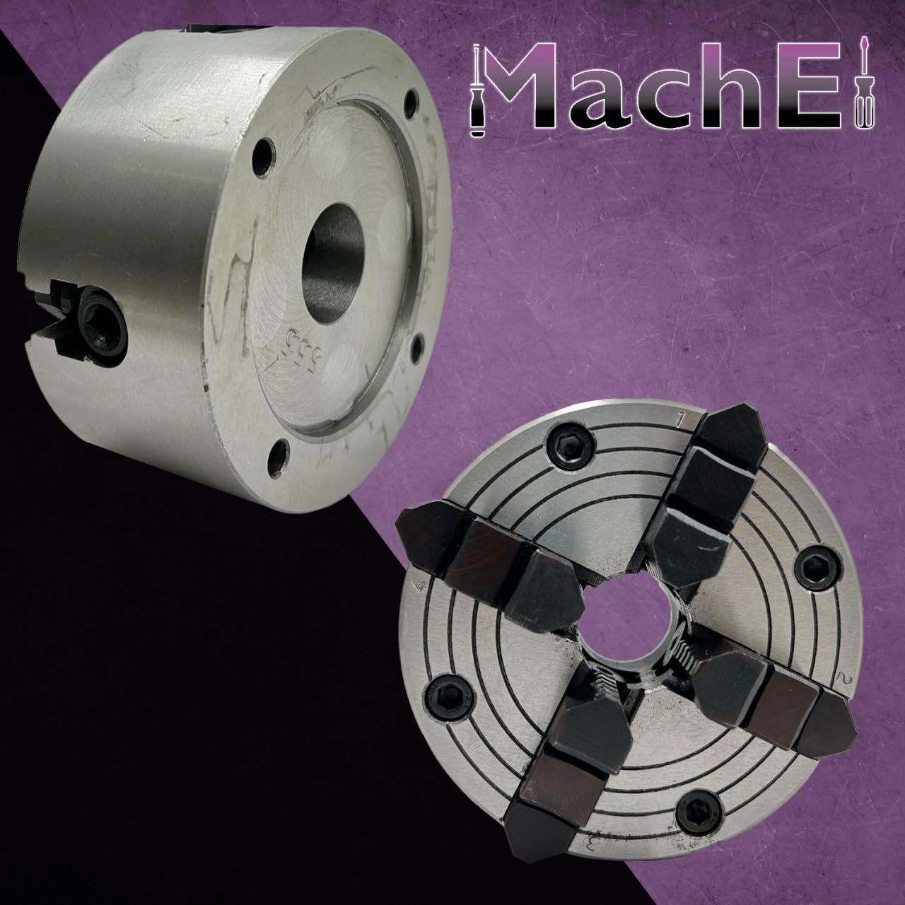 MachEl 5" (125 mm) 4-szczękowy niezależny uchwyt tokarski z żeliwną płytą tylną, gwint 1-1/20.3 cm x 12 UNF (2B), nadaje się do tokarki Myford, hartowane, odwracalne szczęki | precyzyjne narzędzie