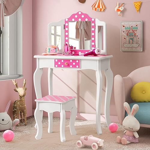 Miniatura 25 de Costzon Juego de mesa de tocador y silla para niños con espejo, taburete, cajón de almacenamiento, tocador de madera de princesa para niñas