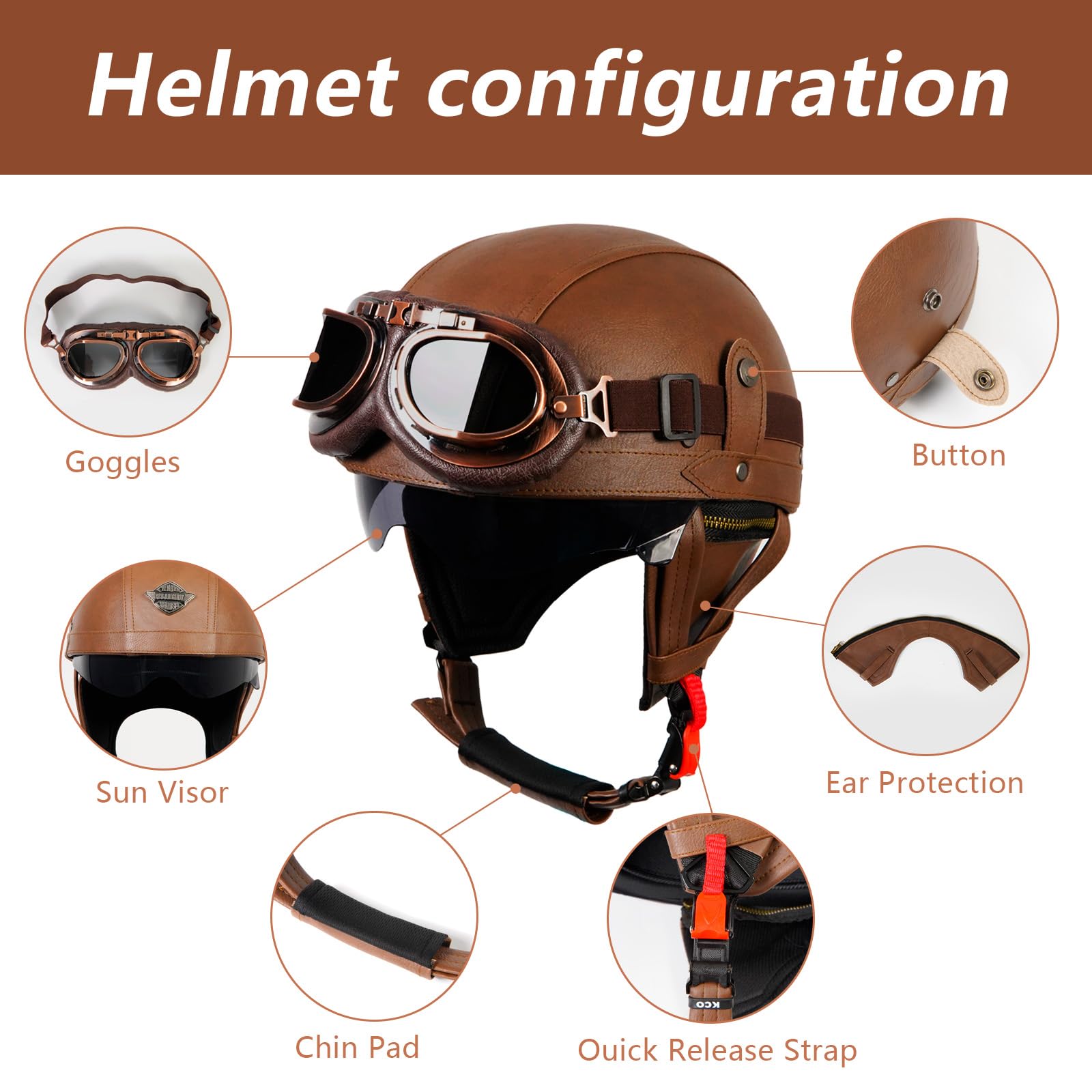 Retro Helm Motorradhelm Lederhelm Jethelme Vintage Mopedhelm Mit Brille ECE Zertifiziert Motorradkreuzer-Rollerhelm im Deutschen Stil