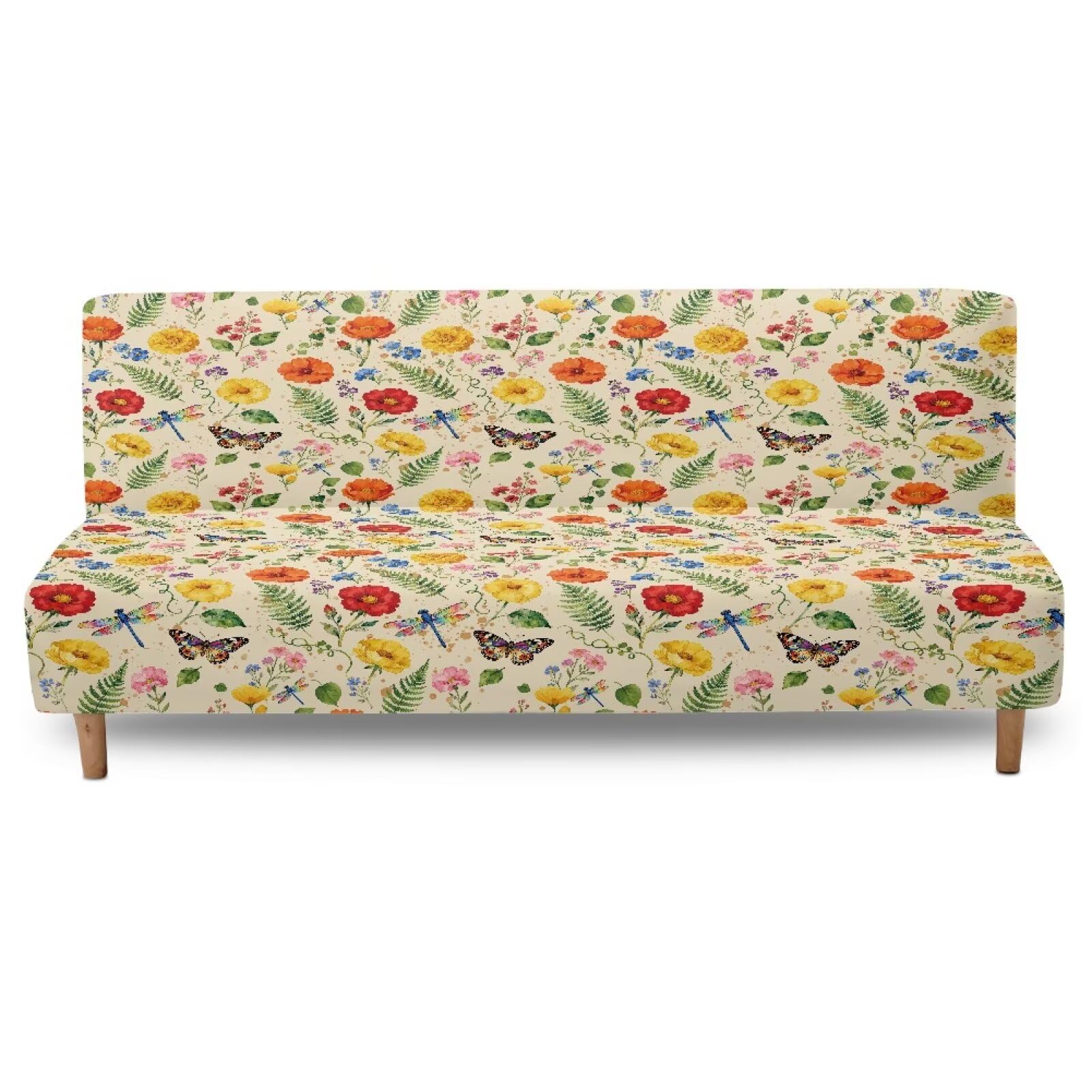 Xoenoiee Funda para futón, funda de sofá sin brazos, funda elástica para sofá, funda de sofá lavable, protector de muebles, mariposa y libélula floral