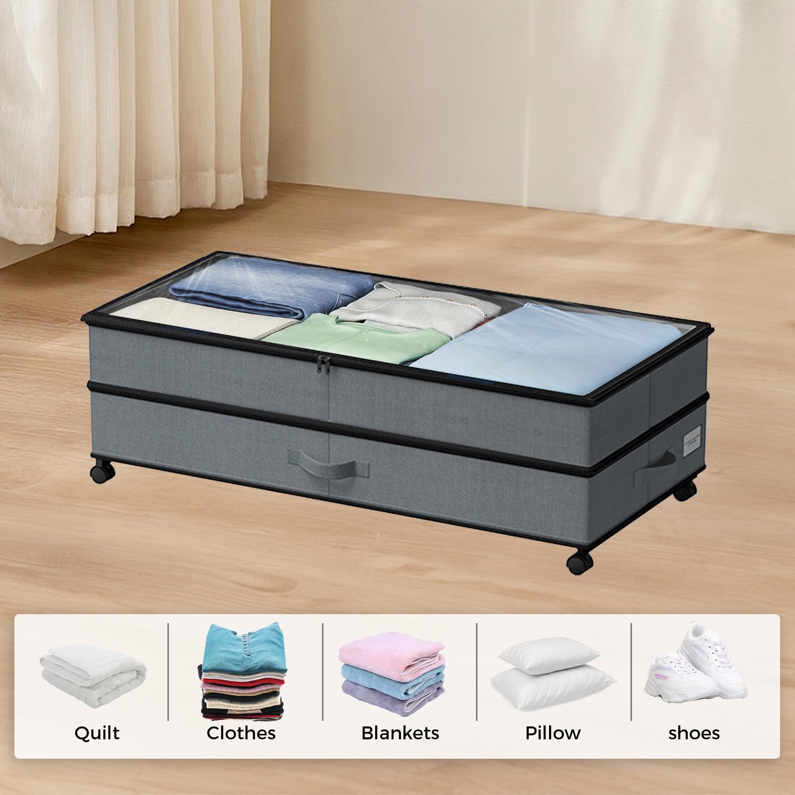 2 Pezzi Contenitori Sottoletto con Ruote, Organizer Contenitore Vestiti Telaio in Metallo con Finestra Trasparente, Extra Large da 70 L, per Giocattoli, Coperte, Vestiti