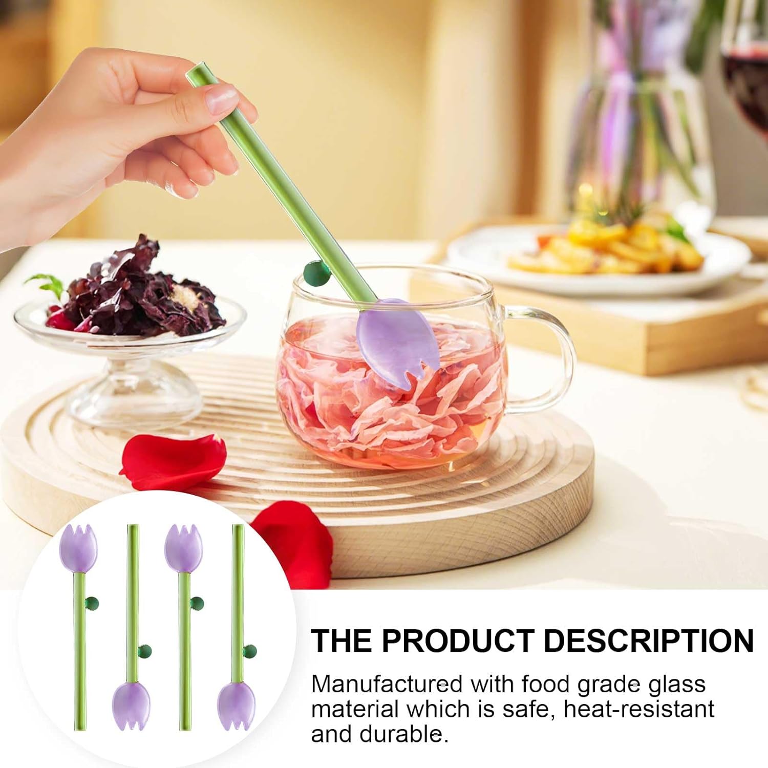 4 Pcs Borosilicate Color Transparent Glass Spoons,Cute Flower Long Handle Spoons for Ice Cream Dessert Coffee Stirring (Purple Bud Spoon) - Image 6