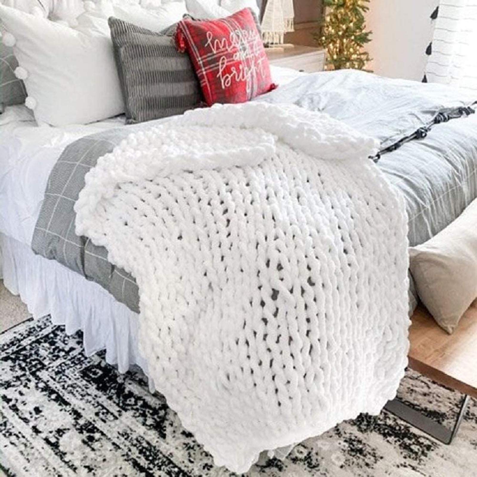 Coperta da Letto Coperta a Maglia Grossa Morbida Coperta da Divano in Ciniglia Lavorata a Mano, Coperta Boho Soffice, Tappetino per Yoga, Lavabile in Lavatrice,Bianca,180X200CM