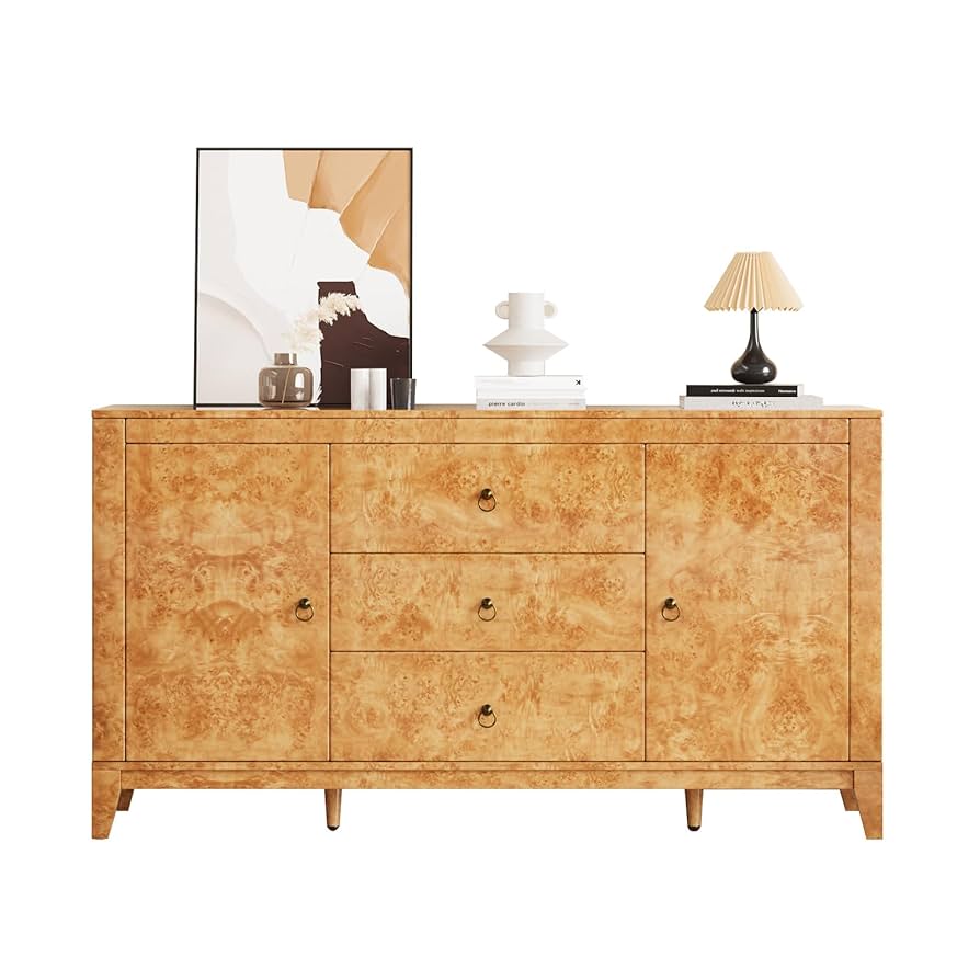 Amazon.com: High Gloss Sideboard Buffet Burl Wood 60'' Cabinet Buffet Table with 3 Drawers & 2 Closed Storages, Mid-Century Modern Sideboard for Dining Living Room, Blond Burl : Home & Kitchen