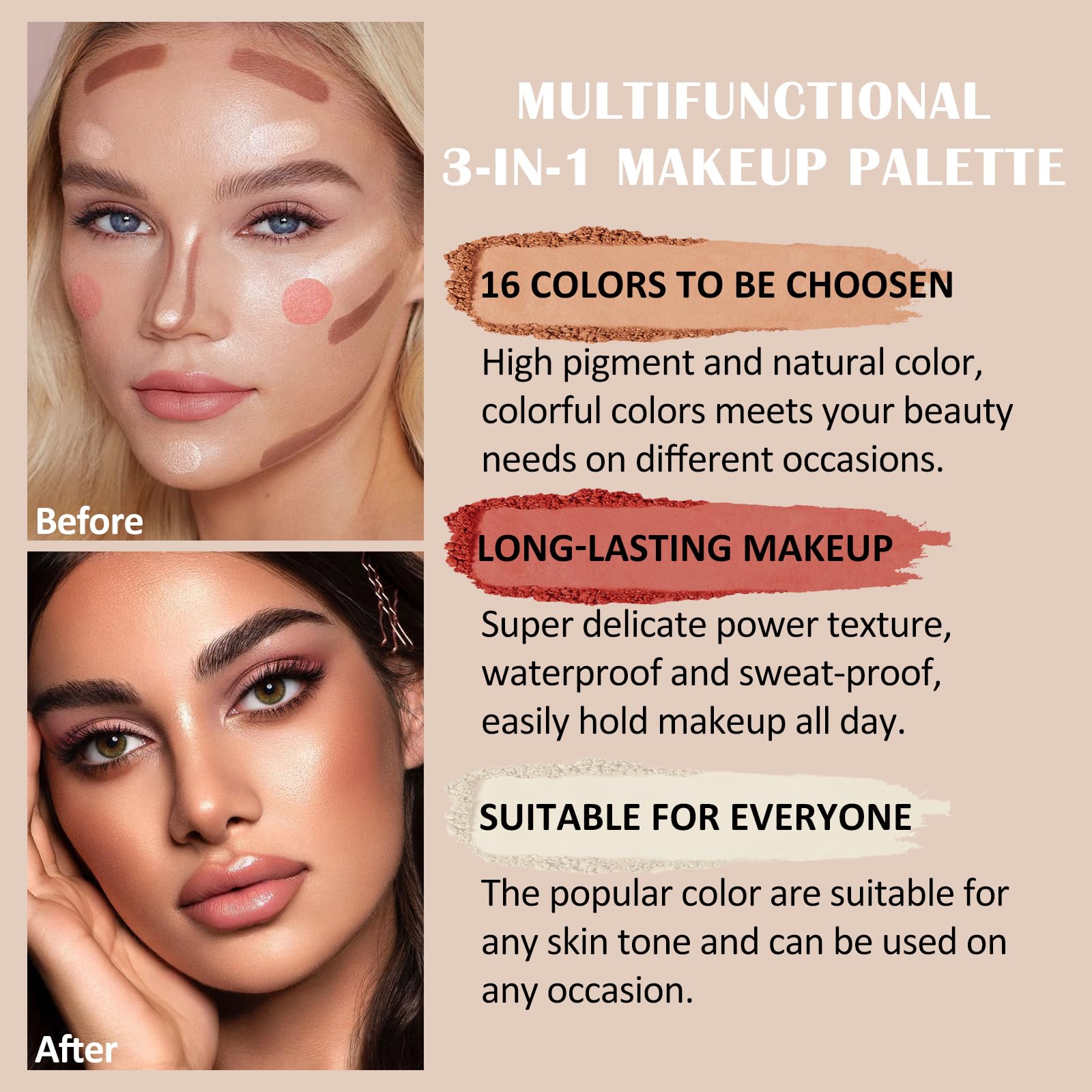 Prreal 16 Colors wielofunkcyjna paleta do konturowania i rozświetlania i różu | 3 w 1 paleta cieni do powiek z konturowym różem i bronzerem, naturalne cienie do powiek i smug