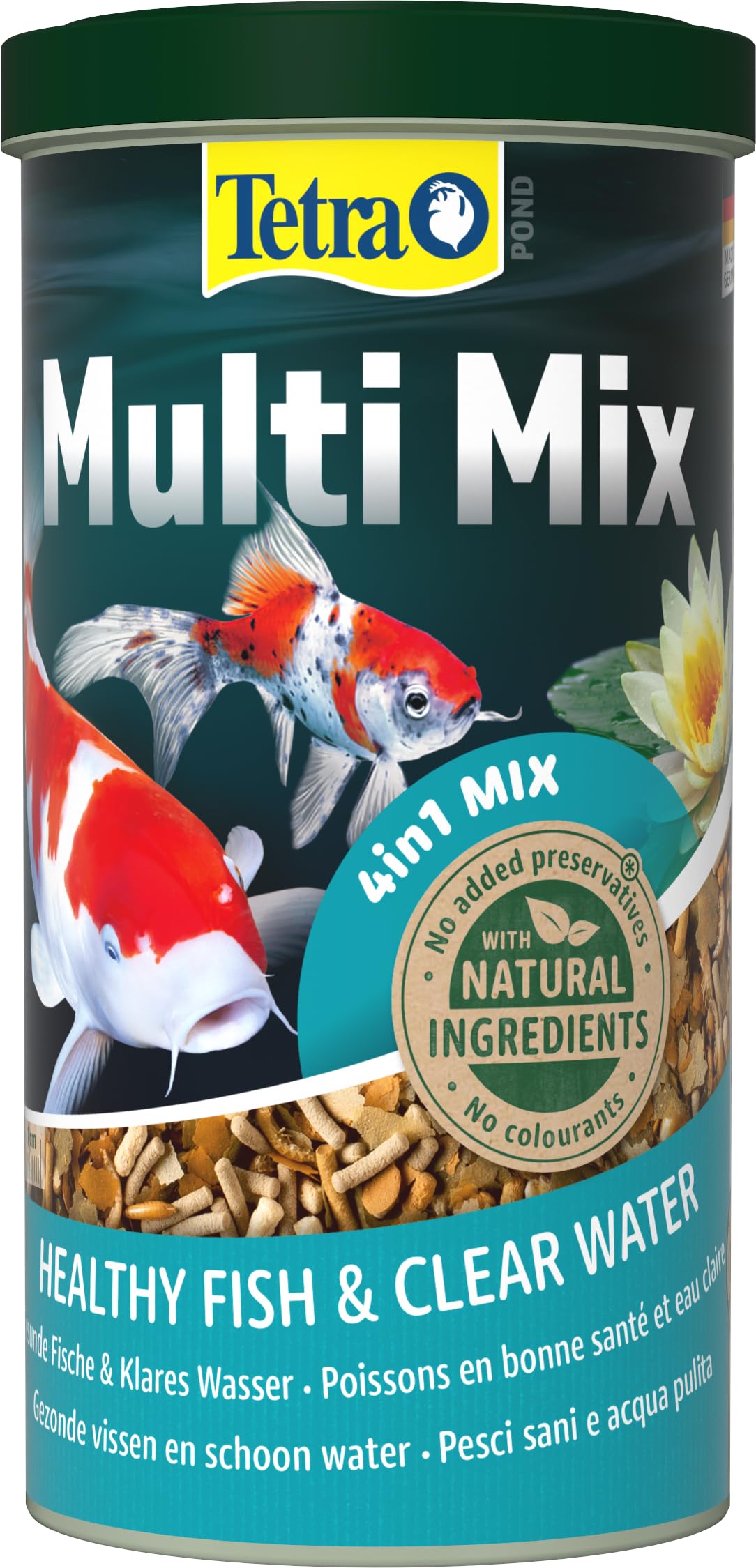 Tetra Pond Multi Mix, Comida para varios peces de estanque con cuatro tipos de comida (barritas, wafers, escamas y gammarus), lata de 1 L