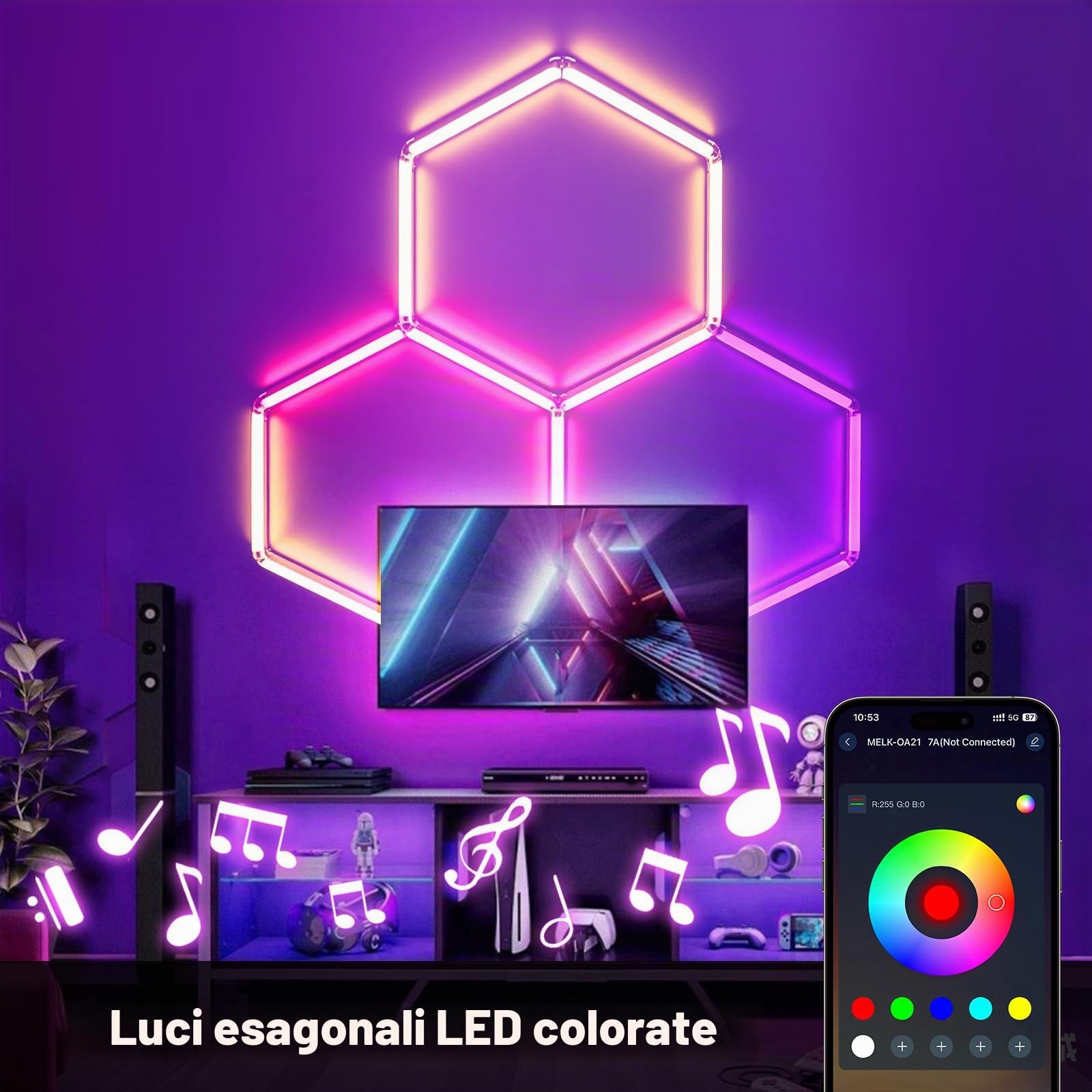 Illuminazione esagonale a LED RGB 3 Hex 144W luci soffitto esagonali | dimmerabili collegabili Luci esagonali RGB con telecomando/app per per sale palestra, bar, sala giochi, garage, seminterrato